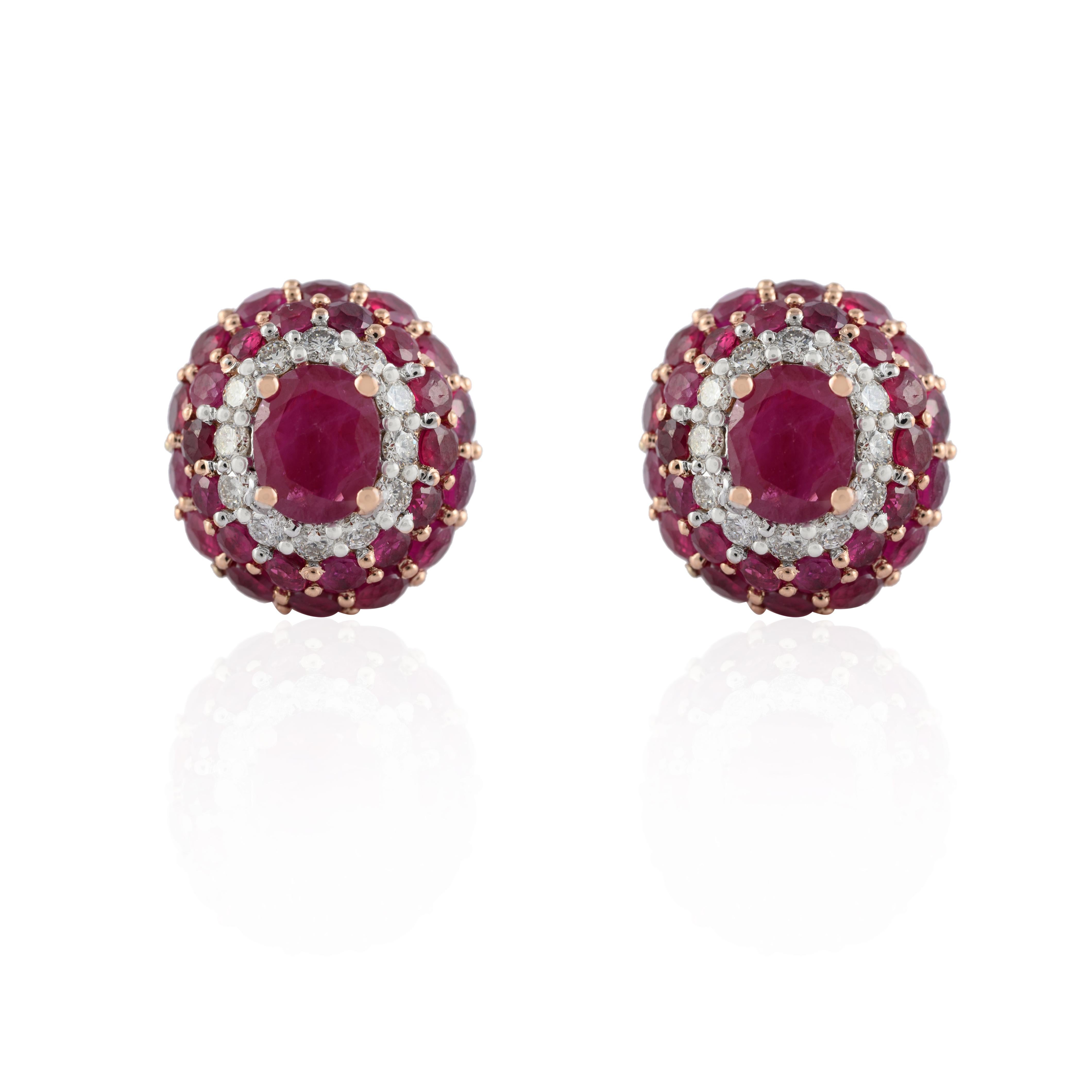 Ruby and Diamond Pushback Stud Earrings in 14K gold. Embrace your look with these stunning pair of earrings suitable for any occasion to complete your outfit.
Ruby gemstone brings power, wealth and protection. 
Featuring 6.93 carats of ruby studded