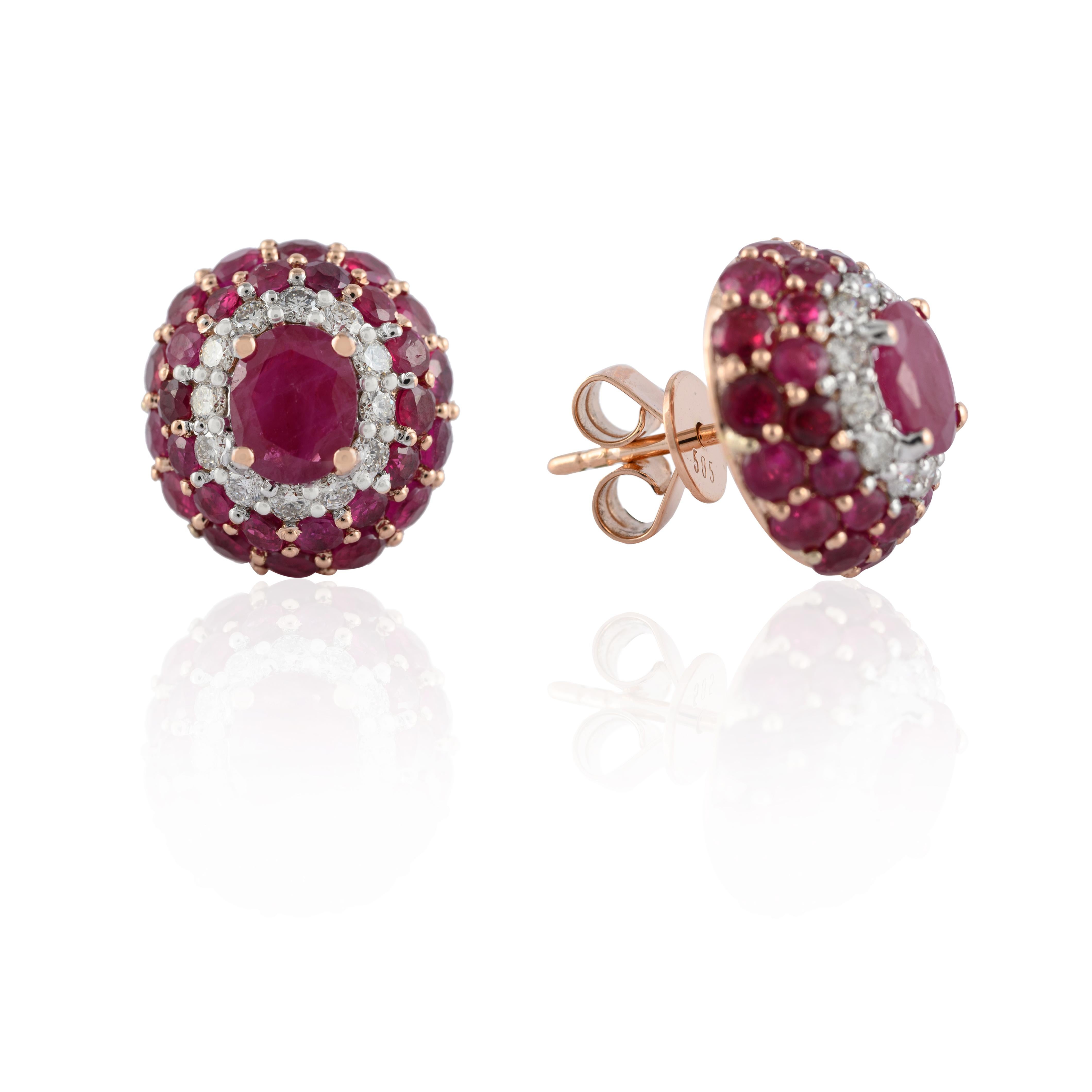 Art Deco Statement Diamond and 6.93ct Ruby Pushback Stud Earrings in 14k Solid Rose Gold For Sale