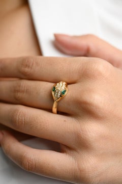 Statement Diamond and Natural Emerald Snake Head Ring in Solid 18k Yellow Gold