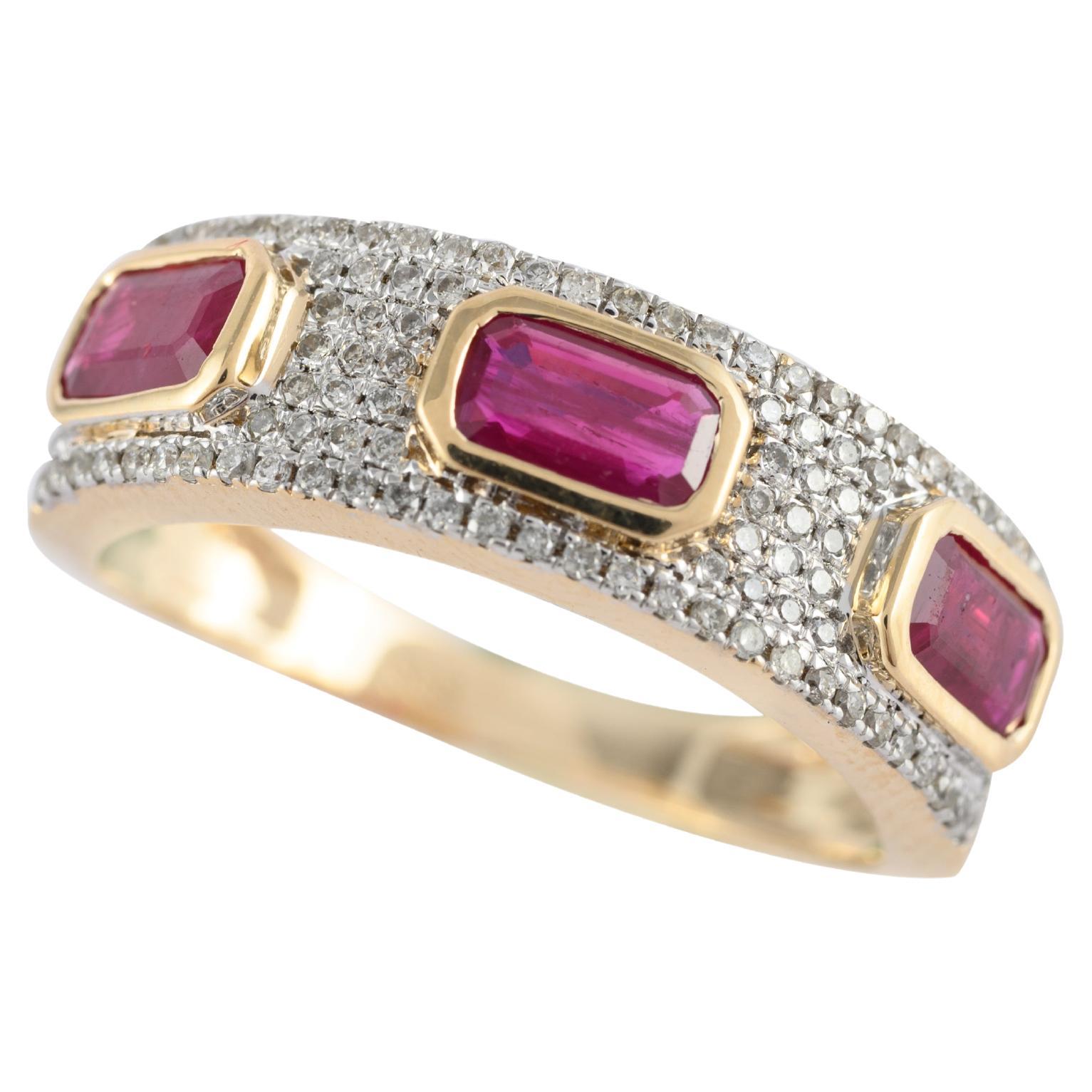 Statement Diamond Ruby Band Ring Gift for Him in 14k Solid Yellow Gold