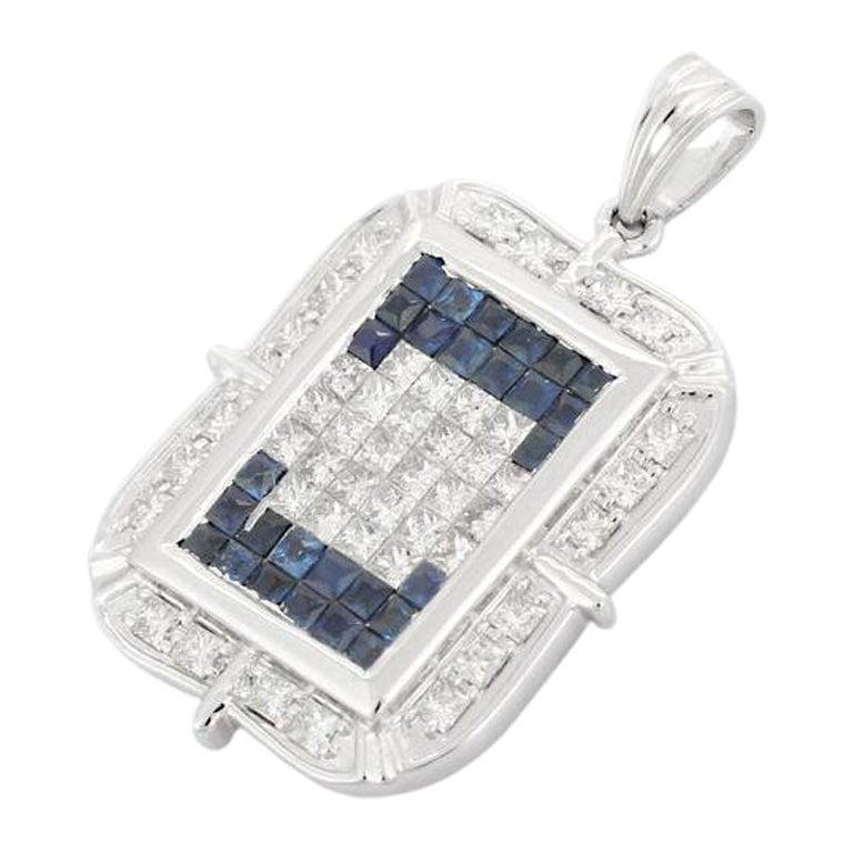 Pendentif d'affirmation en or blanc massif 18 carats avec diamants et saphir bleu Neuf - En vente à New York, NY