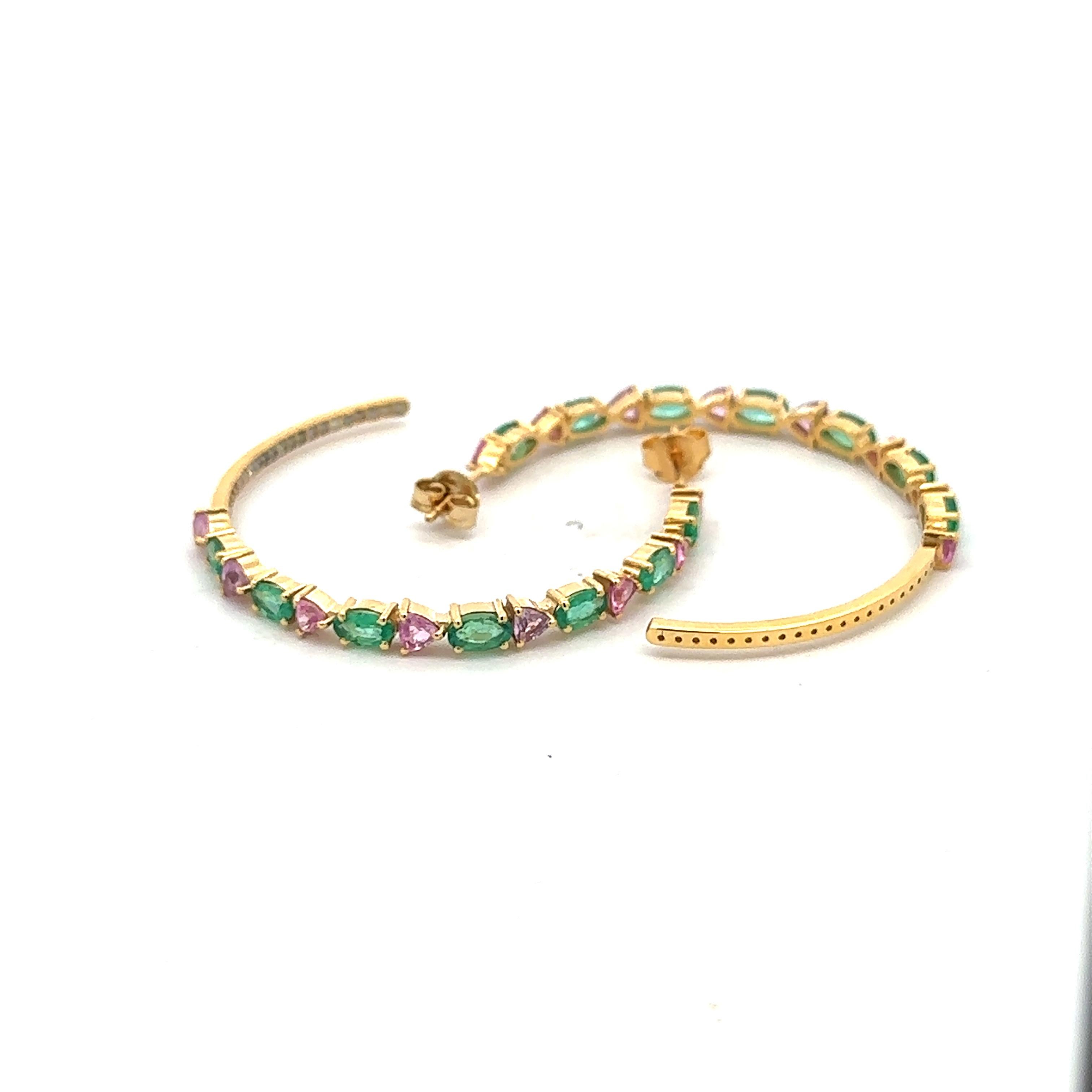 Statement Fine Diamond Emerald and Sapphire Hoop Earrings 14k Solid Yellow Gold For Sale 4