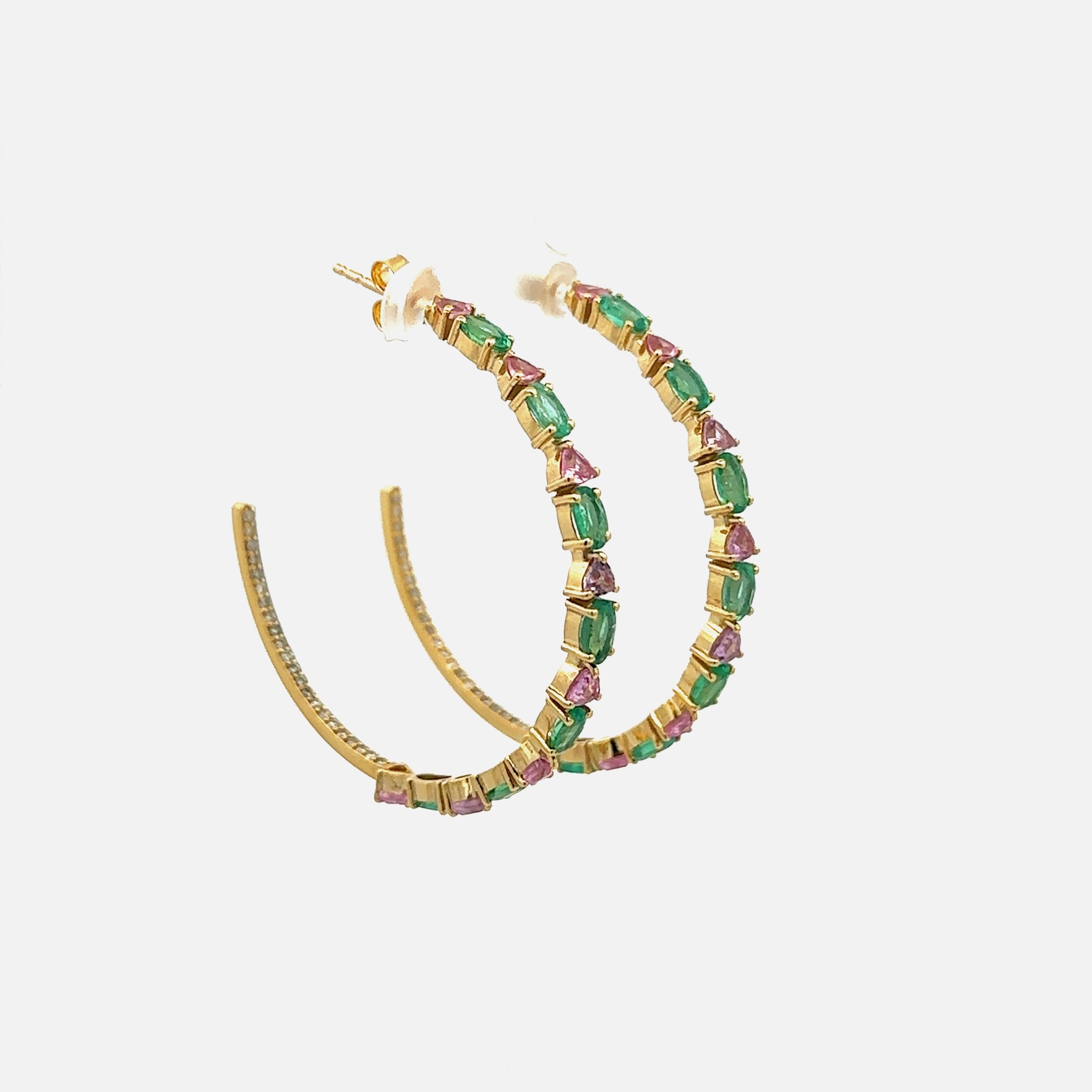 Modern Statement Fine Diamond Emerald and Sapphire Hoop Earrings 14k Solid Yellow Gold For Sale