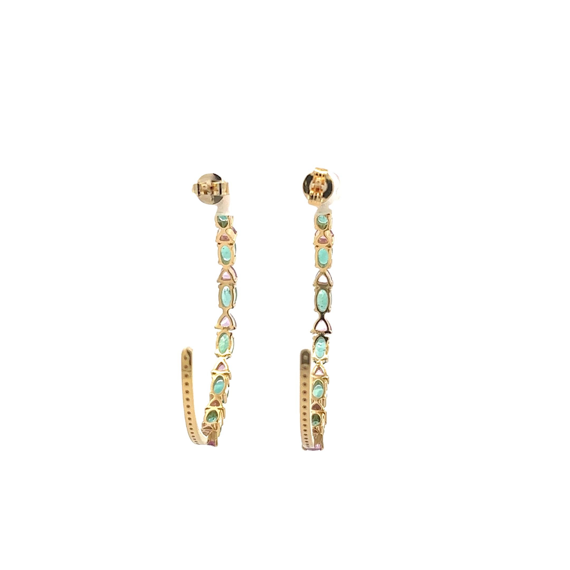 Mixed Cut Statement Fine Diamond Emerald and Sapphire Hoop Earrings 14k Solid Yellow Gold For Sale