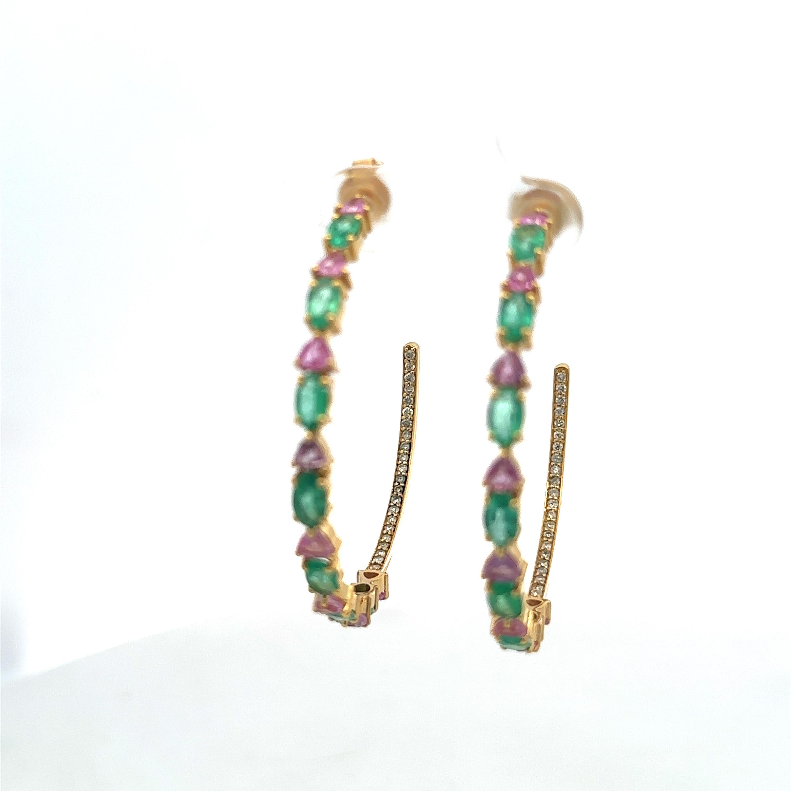 Statement Fine Diamond Emerald and Sapphire Hoop Earrings 14k Solid Yellow Gold Damen im Angebot