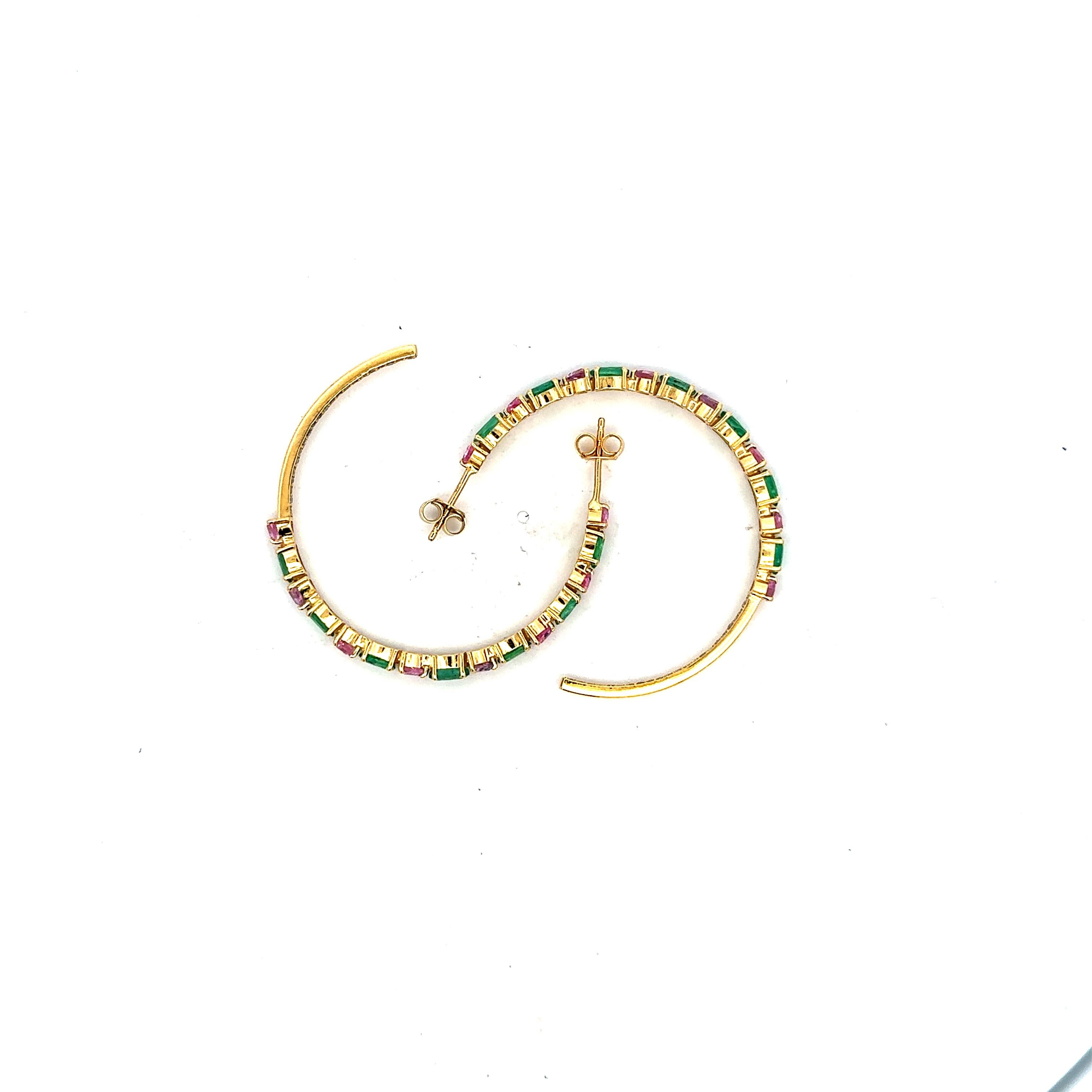 Statement Fine Diamond Emerald and Sapphire Hoop Earrings 14k Solid Yellow Gold For Sale 1