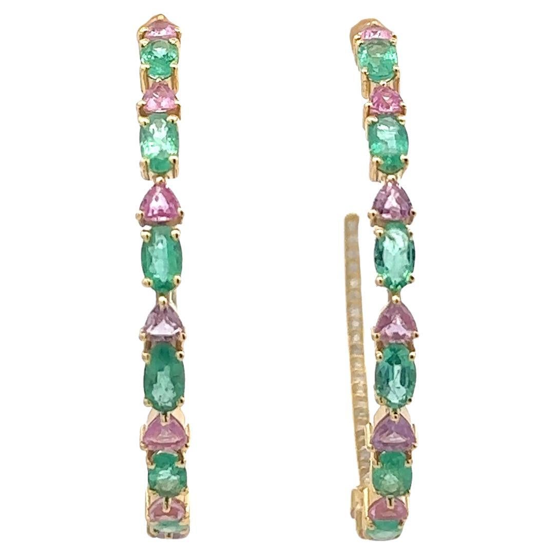 Statement Fine Diamond Emerald and Sapphire Hoop Earrings 14k Solid Yellow Gold For Sale