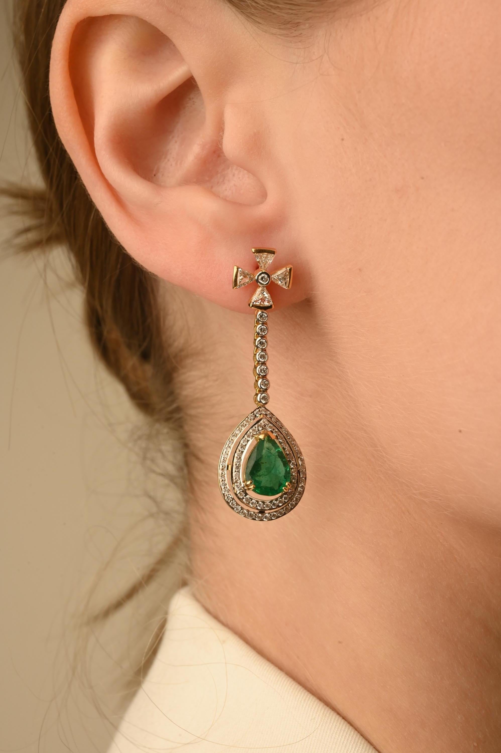 Victorian Statement Diamond Natural Emerald Dangle Drop Earrings 14k Solid Yellow Gold For Sale