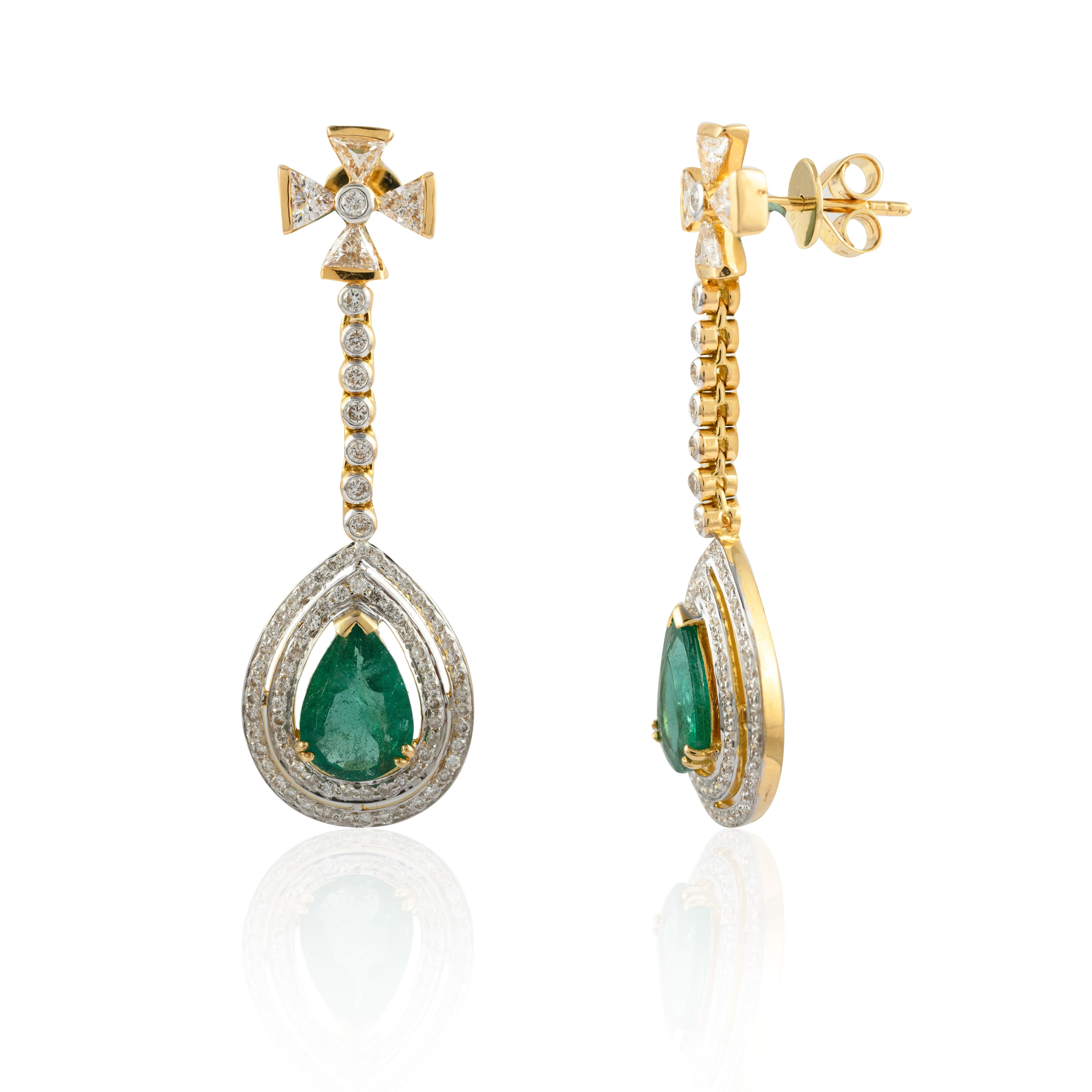 Pear Cut Statement Diamond Natural Emerald Dangle Drop Earrings 14k Solid Yellow Gold For Sale