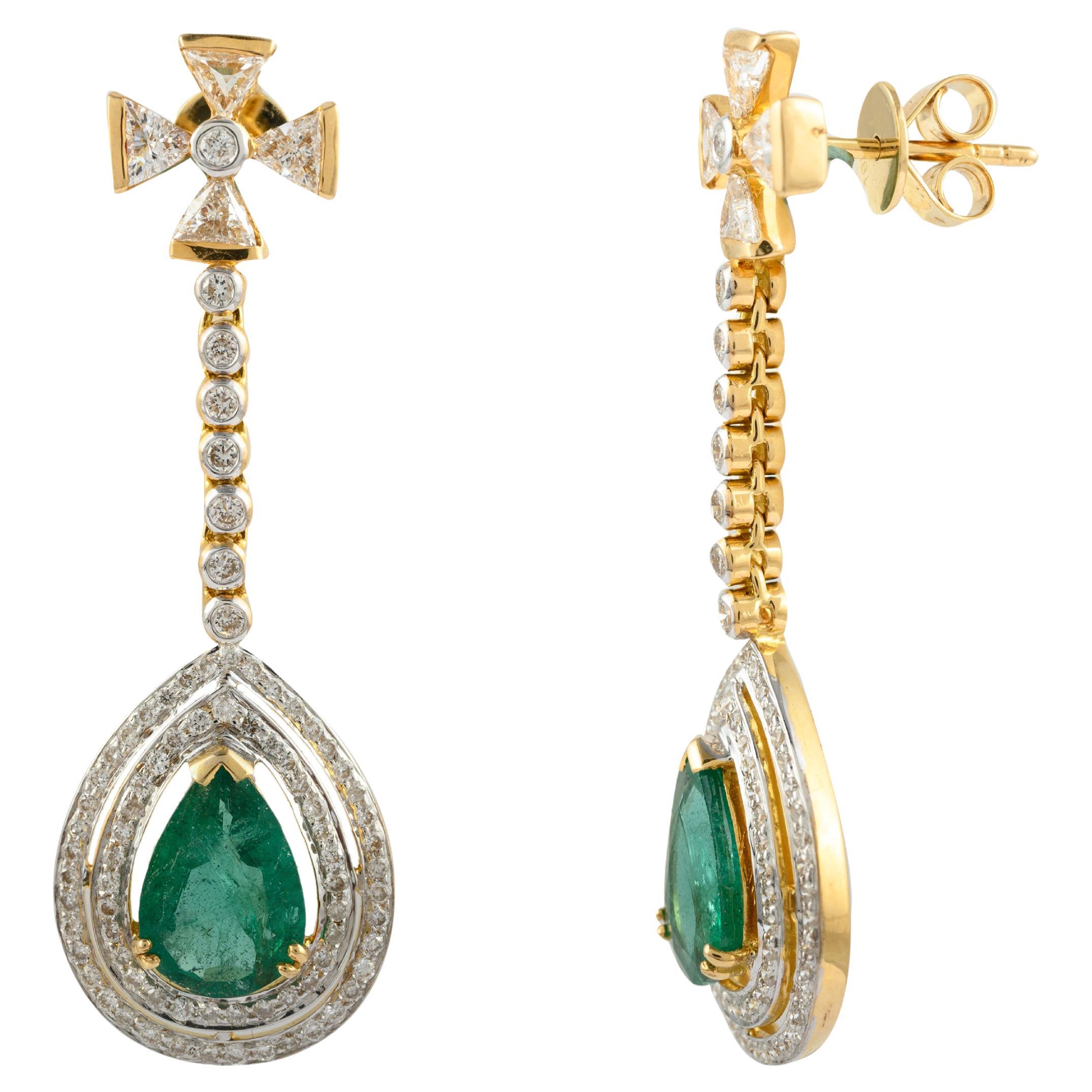 Statement Diamond Natural Emerald Dangle Drop Earrings 14k Solid Yellow Gold For Sale