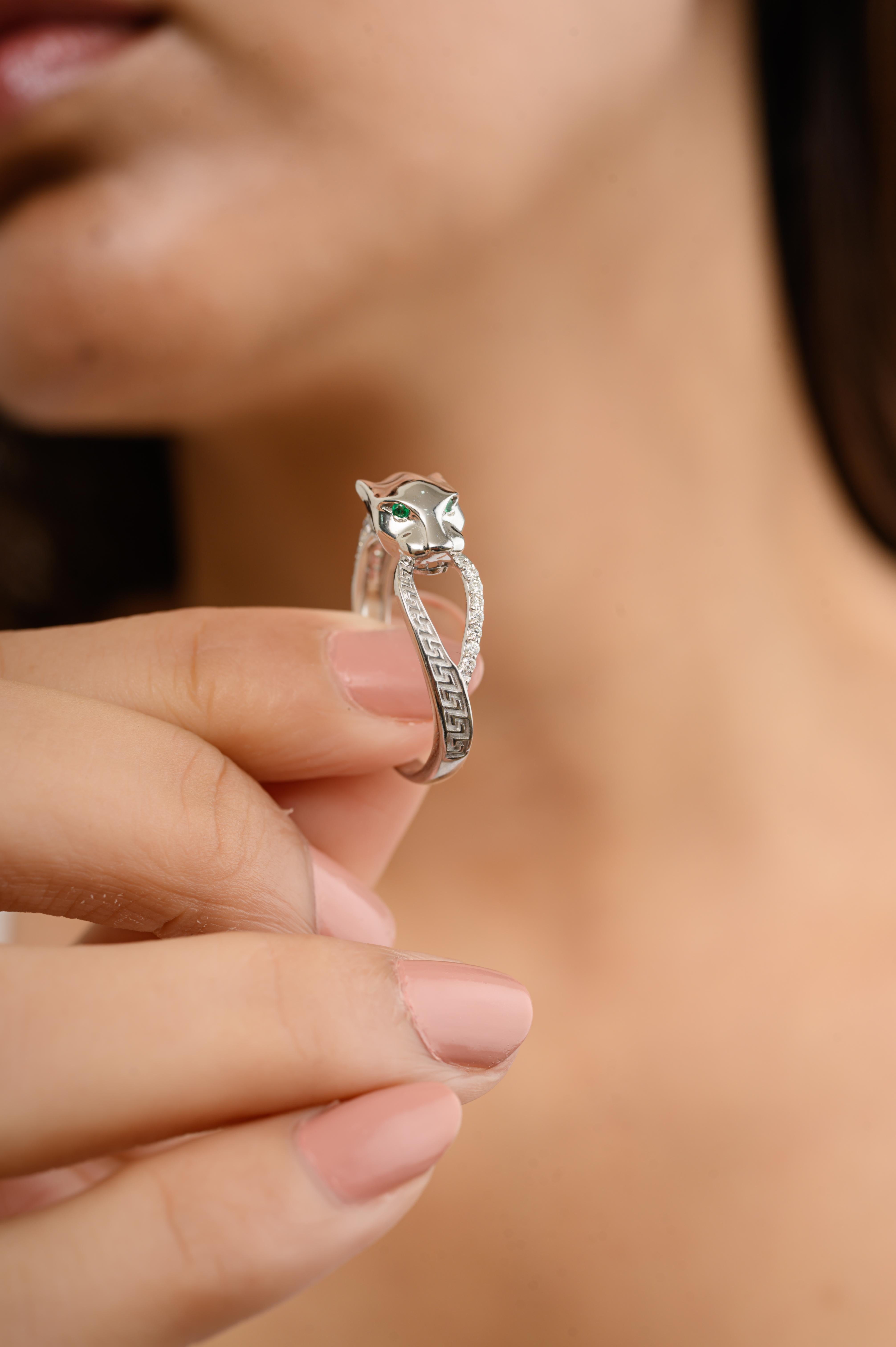Im Angebot: Statement-Diamant-Pantherring mit Smaragd und Smaragd in 14k massivem Weißgold Nieten () 6