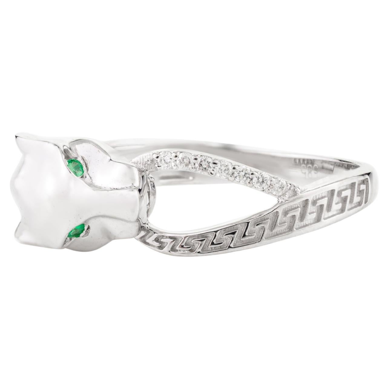 Statement Diamond Panther Ring with Emerald Studded in 14k Solid White Gold
