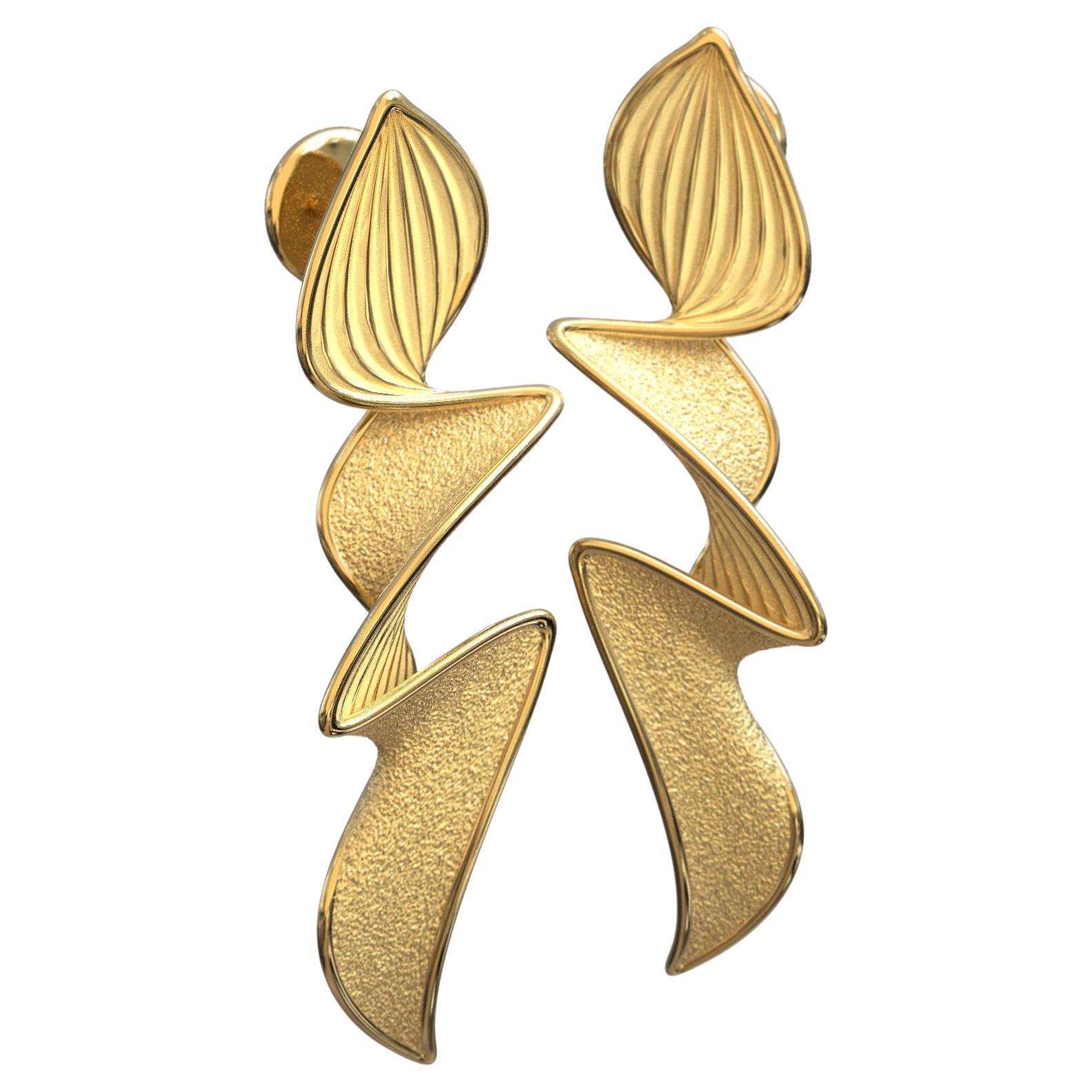 Contemporary Statement Earrings in solid gold 14k,  Italian fine jewelry made in Italy, long stud earring, modern and elegant earrings.
Earring length: 53 Millimeters; Width: 13 Millimeters
Available in yellow gold, rose gold and white gold, 14k or