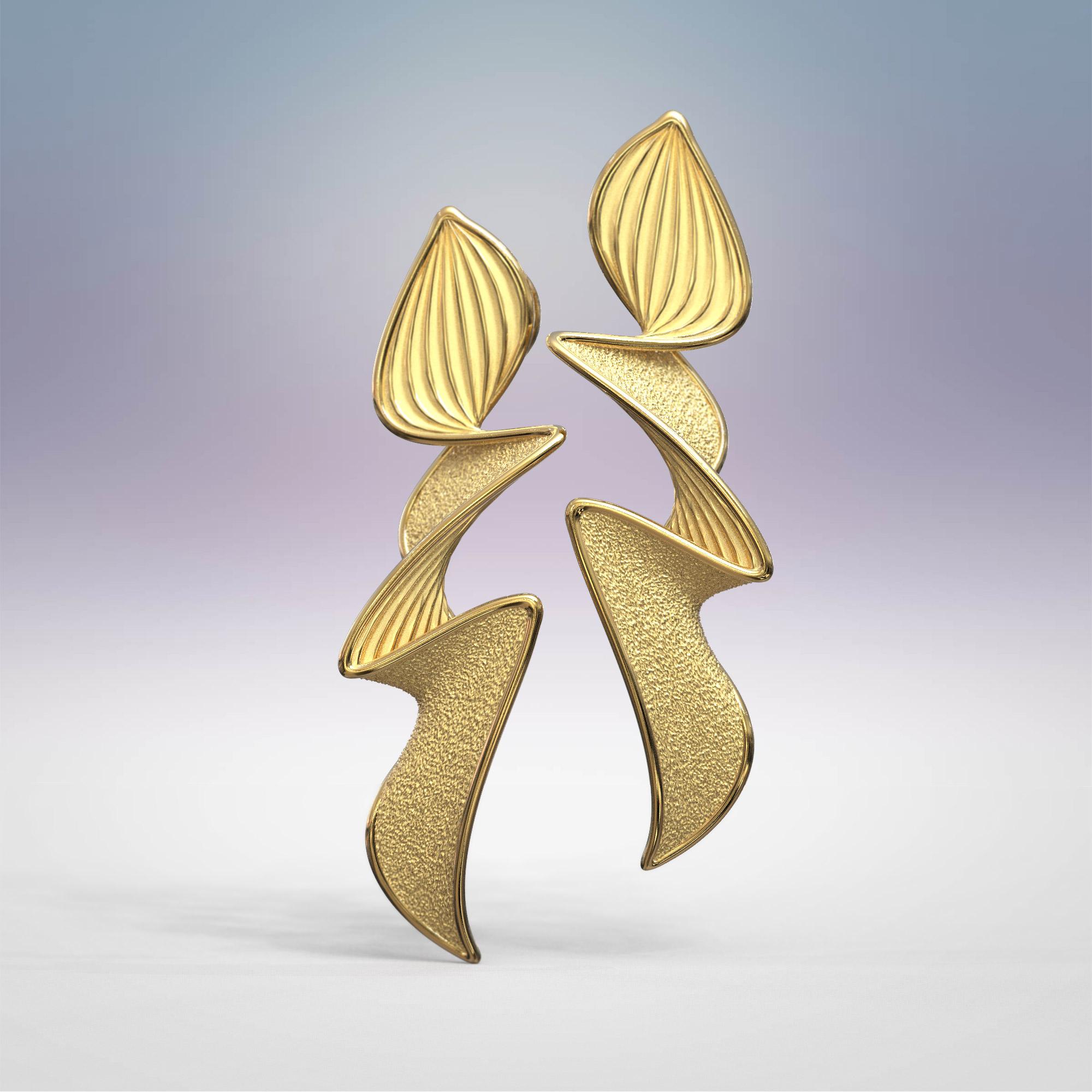 Contemporary Statement Earrings in solid gold 18k,  Italian fine jewelry made in Italy, long stud earring, modern and elegant earrings.
Earring length: 53 Millimeters; Width: 13 Millimeters
Available in yellow gold, rose gold and white gold, 18k or