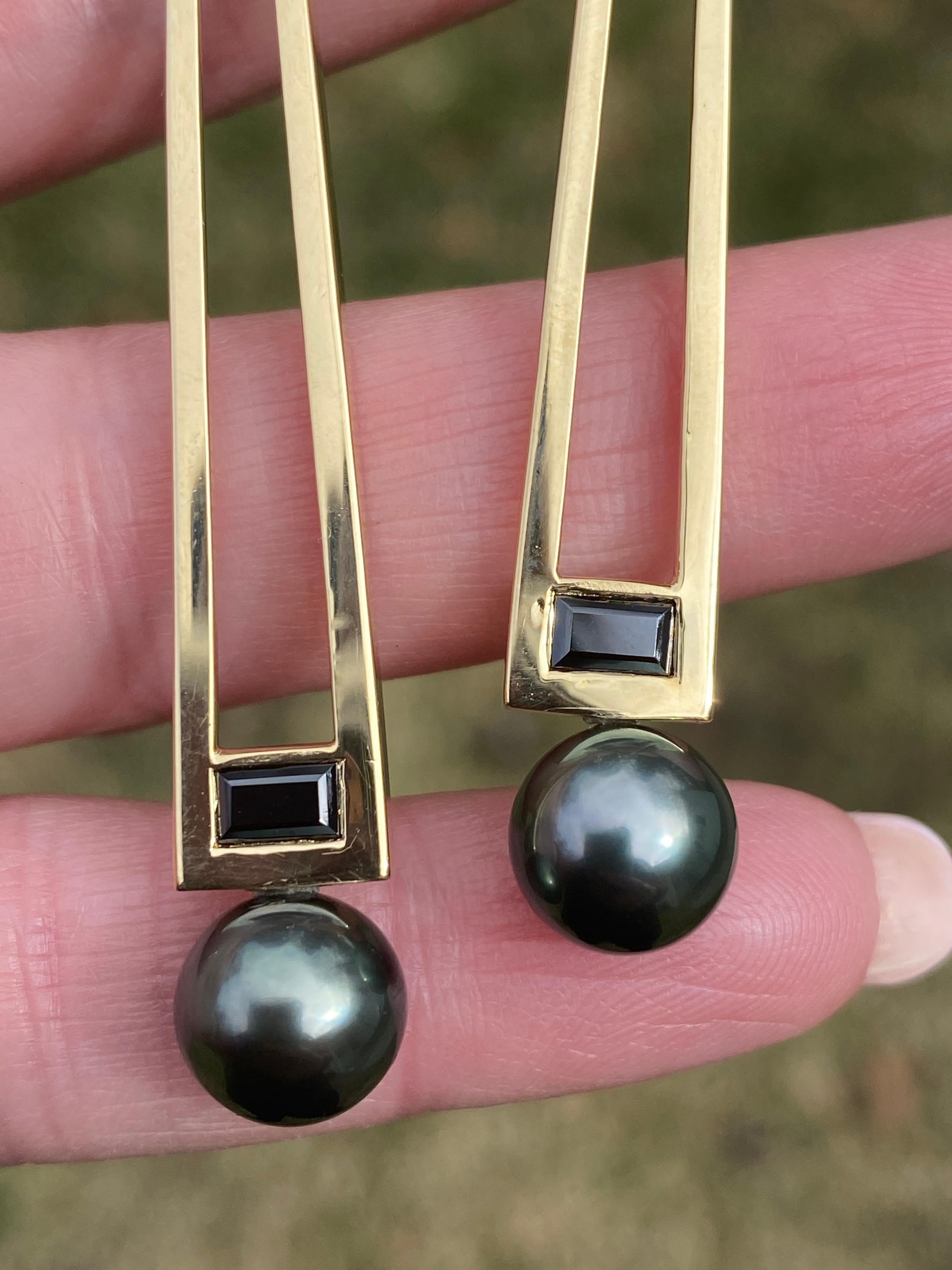 Contemporary 18 Karat Gold Diamond, Black Spinel, and Tahitian Pearl Statement Earrings For Sale
