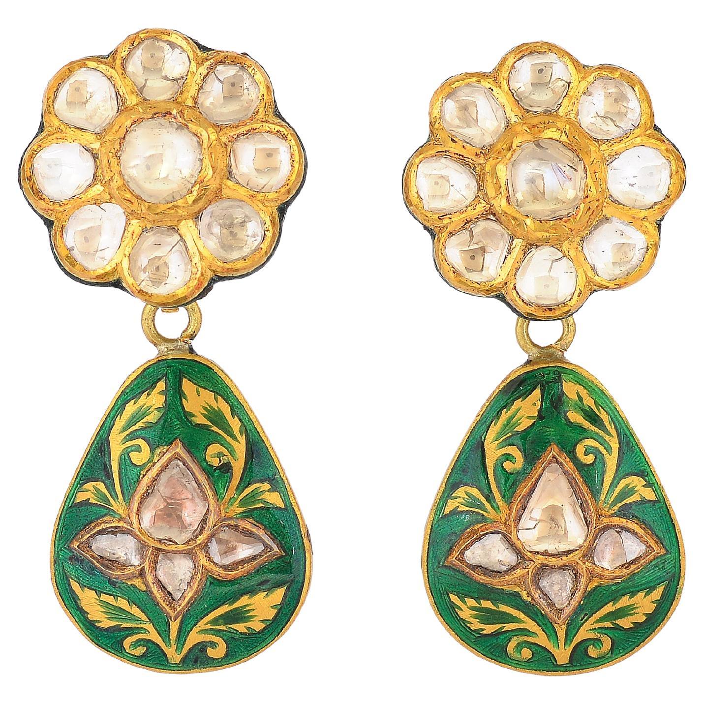 Statement Earrings with flat diamonds and enamel handcrafted in 18K gold
