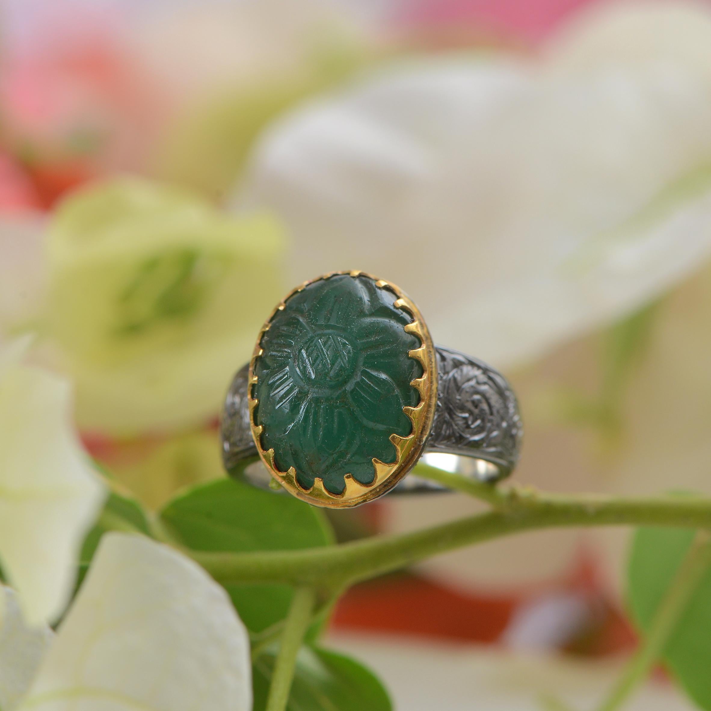 Contemporary Statement Emerald 18K Gold Sterling Silver Ring