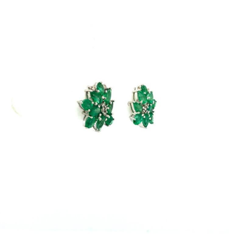 Mixed Cut Statement Emerald Cluster and Diamond Stud Earrings for Mom in 925 Silver For Sale