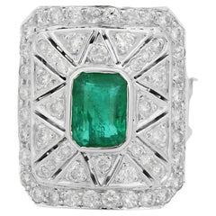 Statement Emerald Diamond Cocktail Party Ring Wedding Gift in 18k White Gold