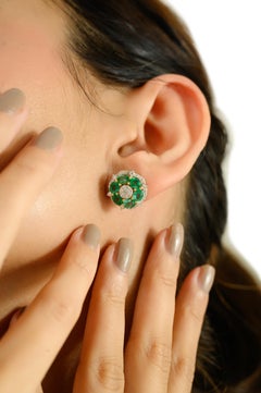 Statement Emerald & Diamond Floral Cluster Stud Earrings in 18k Yellow Gold