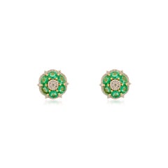 Orecchini con smeraldo e diamante a grappolo floreale in oro giallo 18 ct.