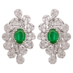 Boucles d'oreilles Emeraude Pave Diamant Or blanc 14k massif Fine Jewelry