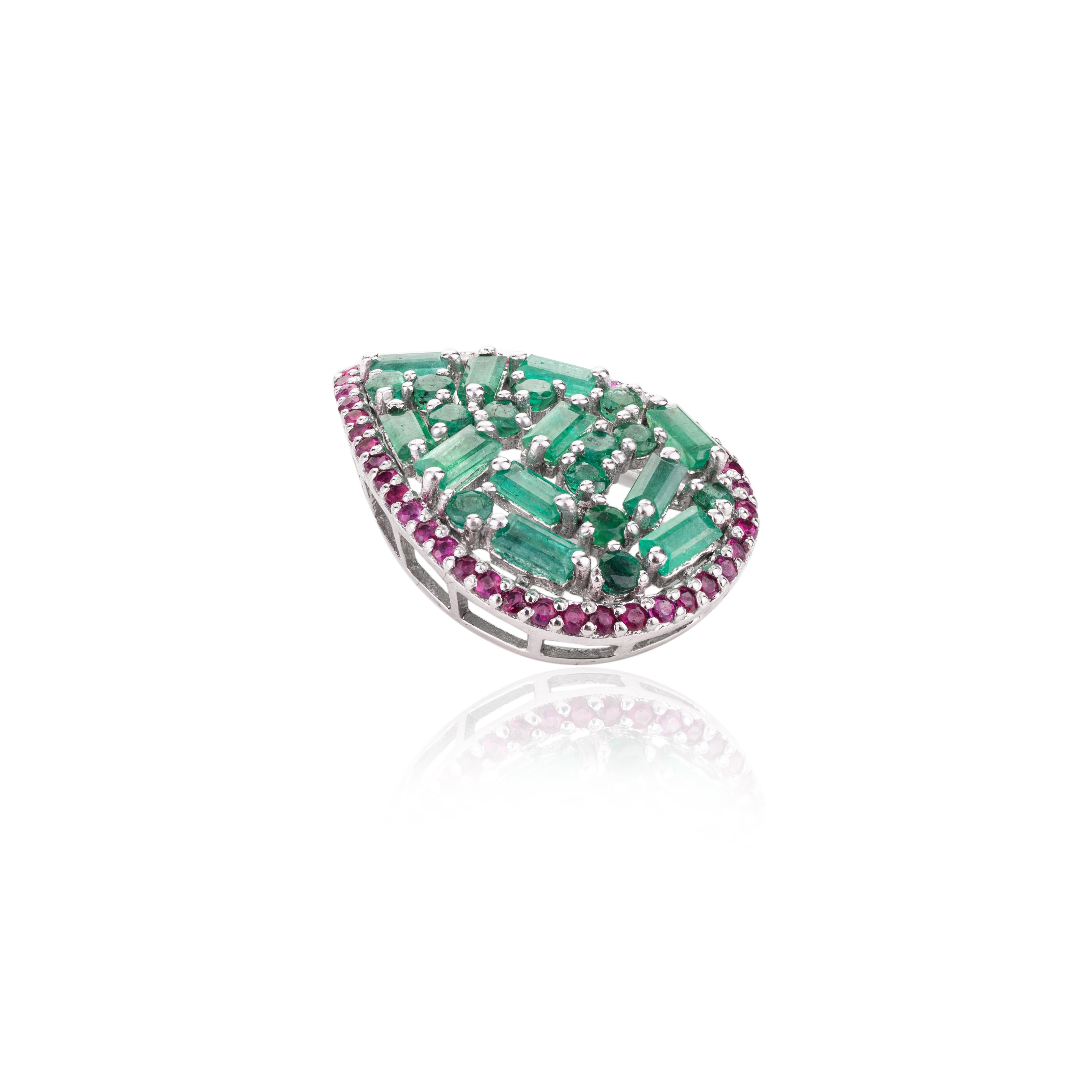 Women's or Men's Statement Emerald Ruby Cluster Brooch Pin in Sterling Silver