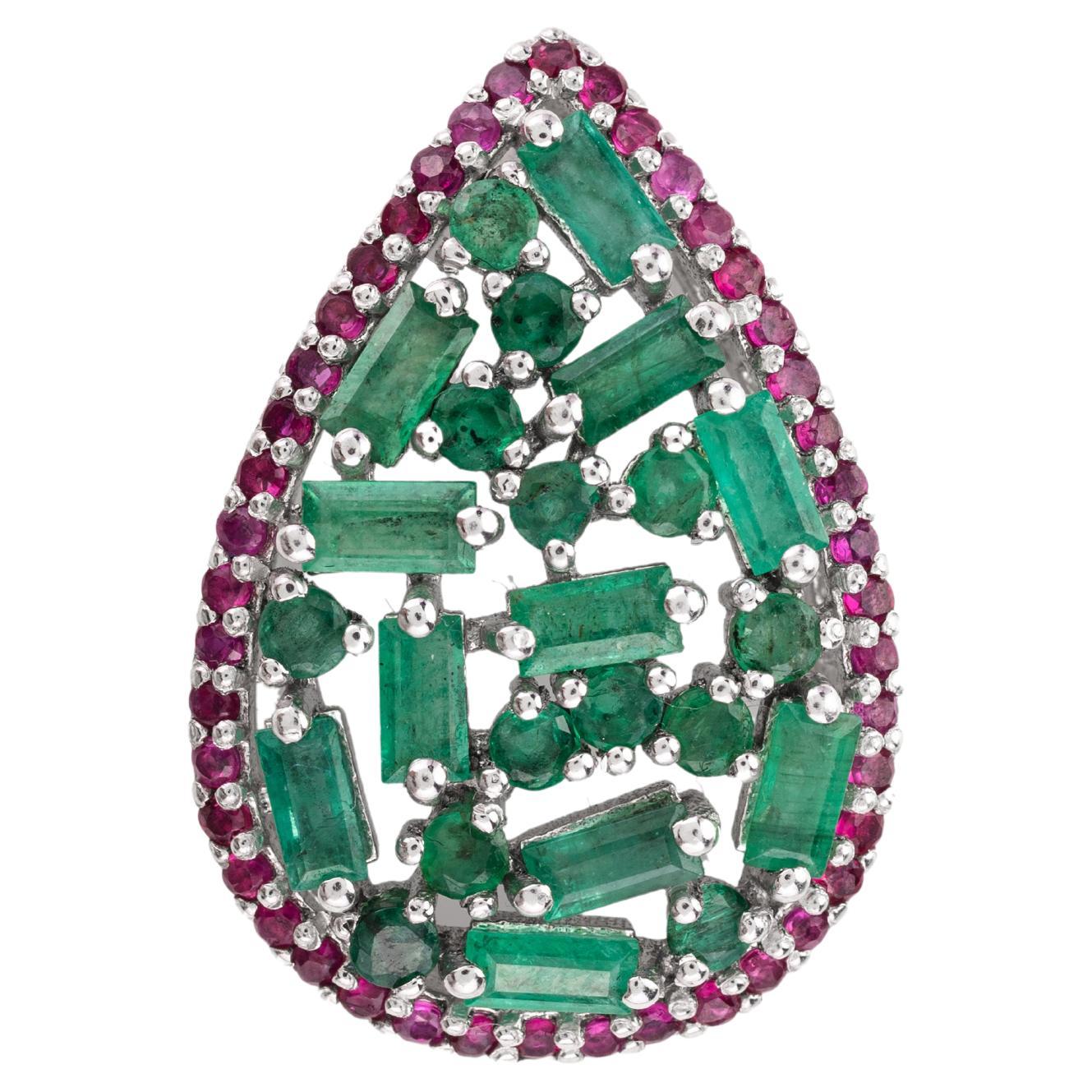 Statement Emerald Ruby Cluster Brooch Pin in Sterling Silver