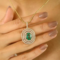 Statement Emerald & Triple Diamond Halo Pendant in 18k Yellow Gold Luxury Gift