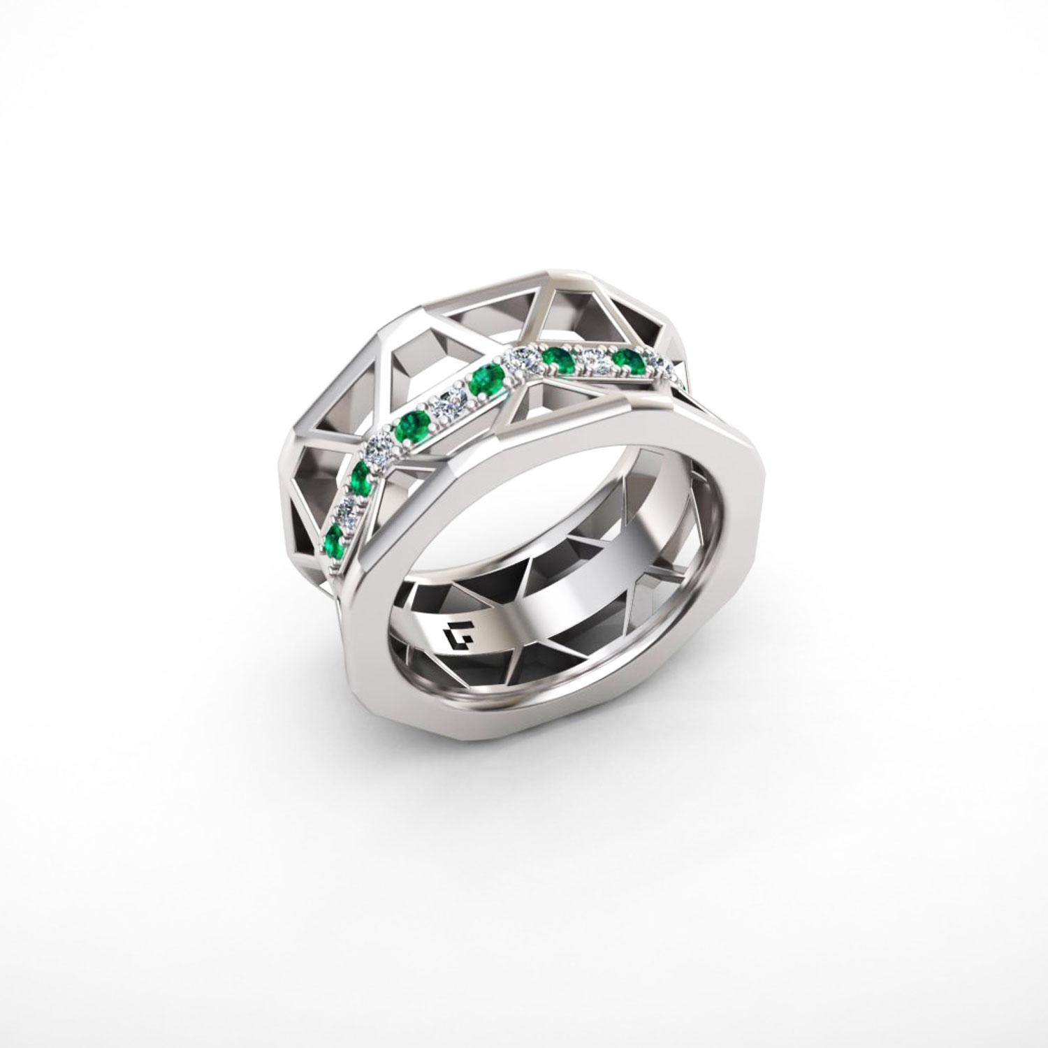 White 18K Gold Ring 
*Same Model with another stones and gold available 

Diamond  0,14 ct
Emerald 0,12 ct
Weight 12 grams
 
This collection was created inspired by the wonderful and controversial
Castel Del Monte (Castle of the Mountain) erected by