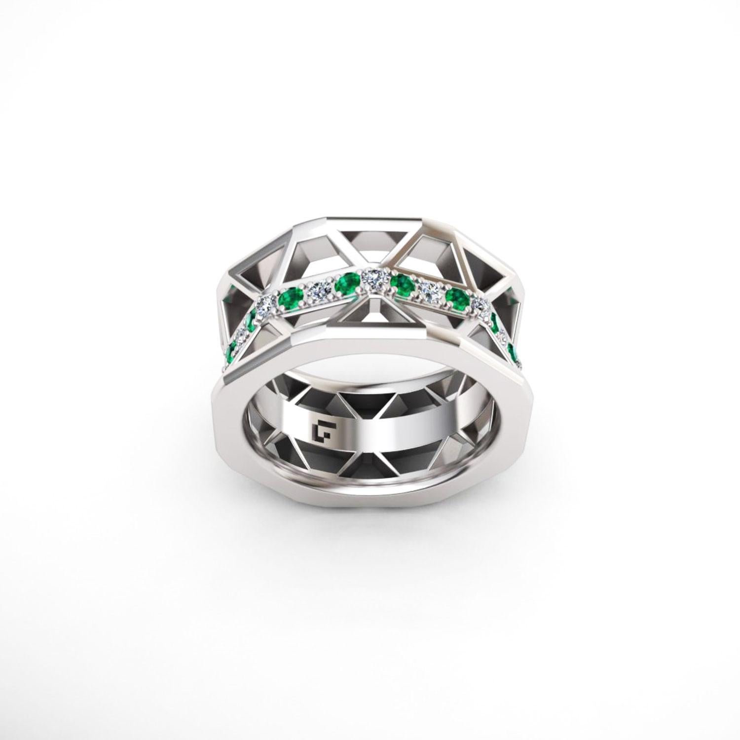 Modern Statement Emerald White Diamond Band Elegant White 18K Gold Ring for Her for Him For Sale