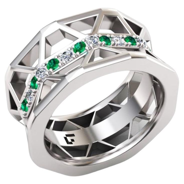 Statement Emerald White Diamond Band Elegant White 18K Gold Ring for Her for Him For Sale