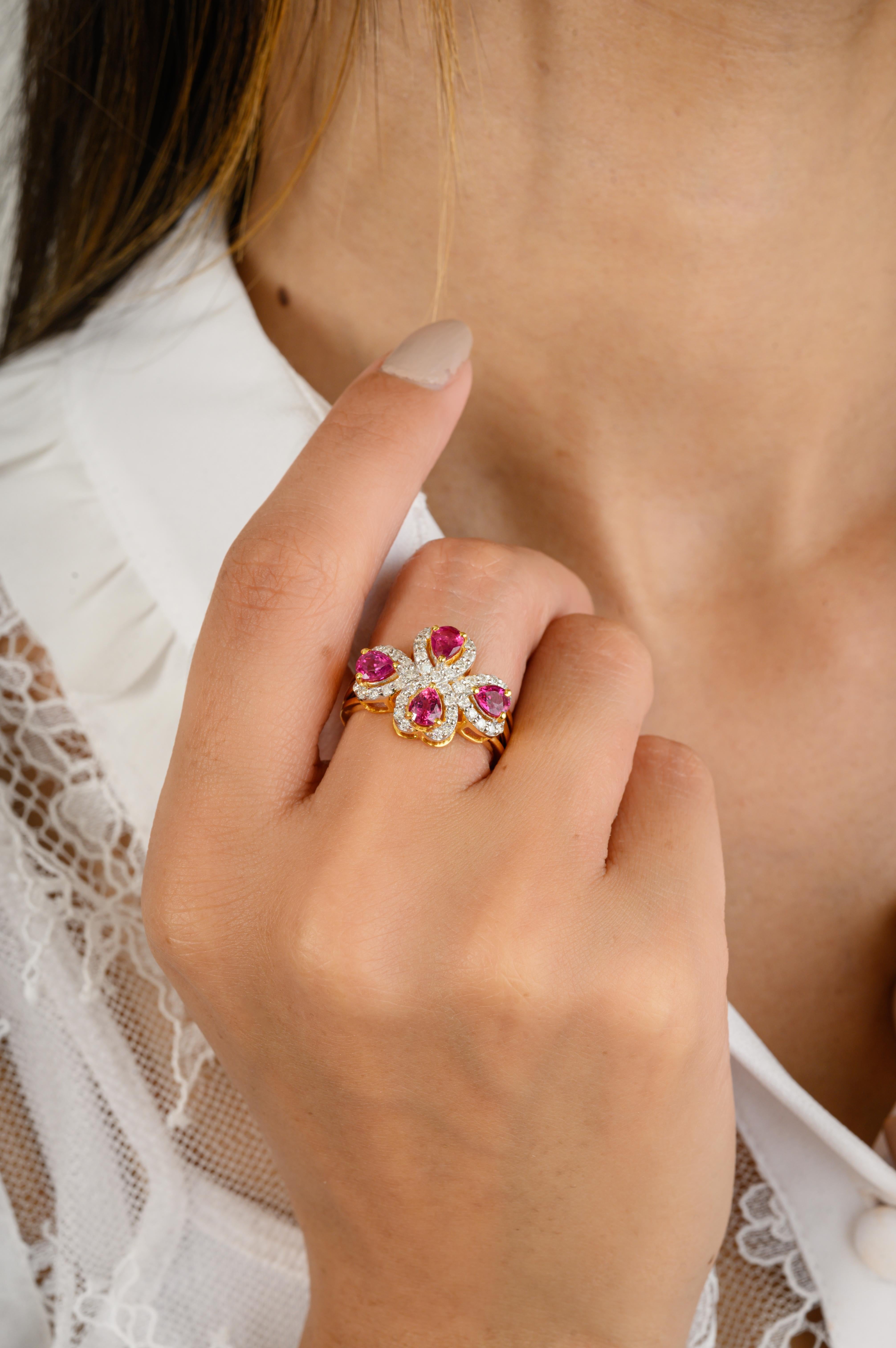 For Sale:  Statement Fine Ruby Diamond Floral Cocktail Ring Made in 18k Solid Yellow Gold 2