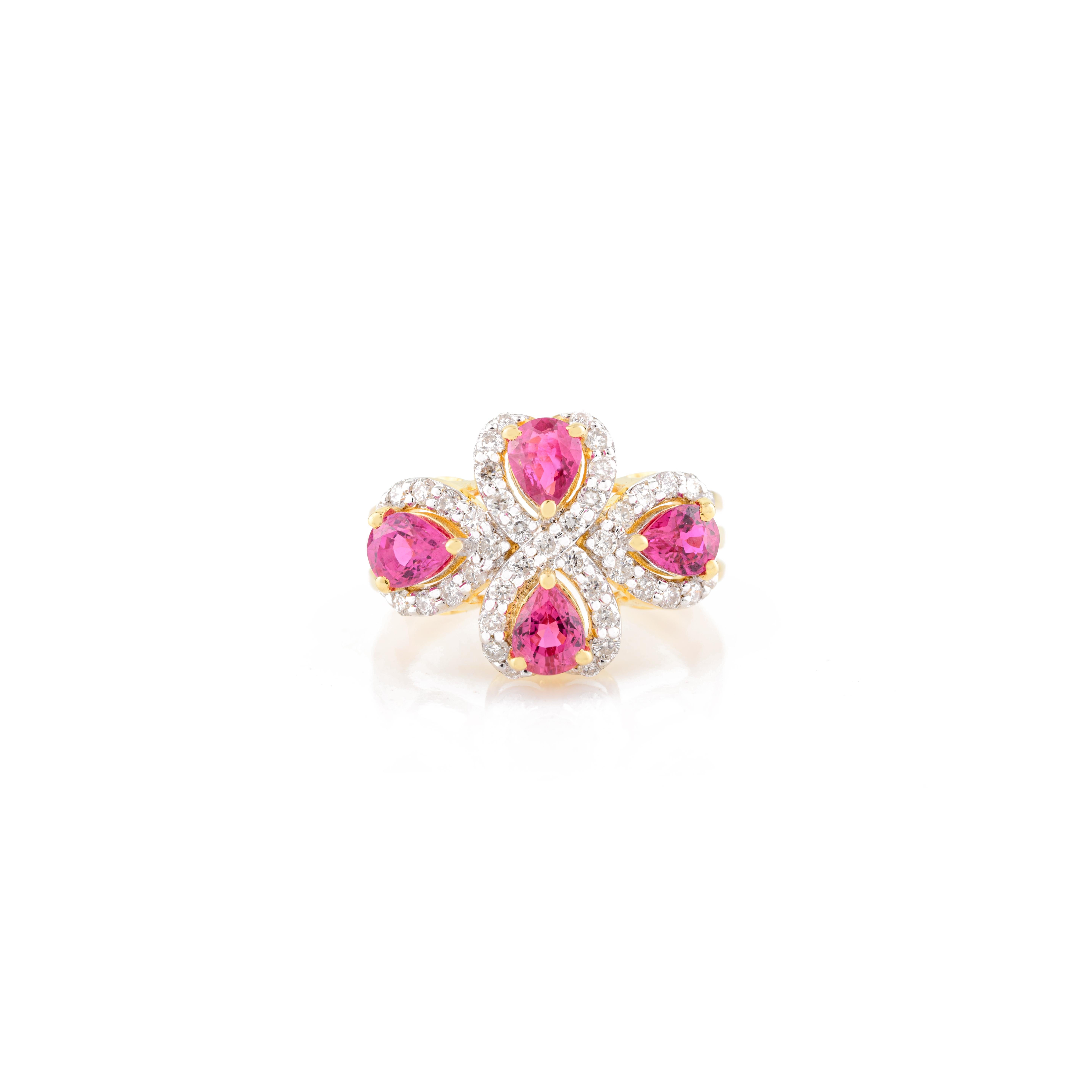 For Sale:  Statement Fine Ruby Diamond Floral Cocktail Ring Made in 18k Solid Yellow Gold 3
