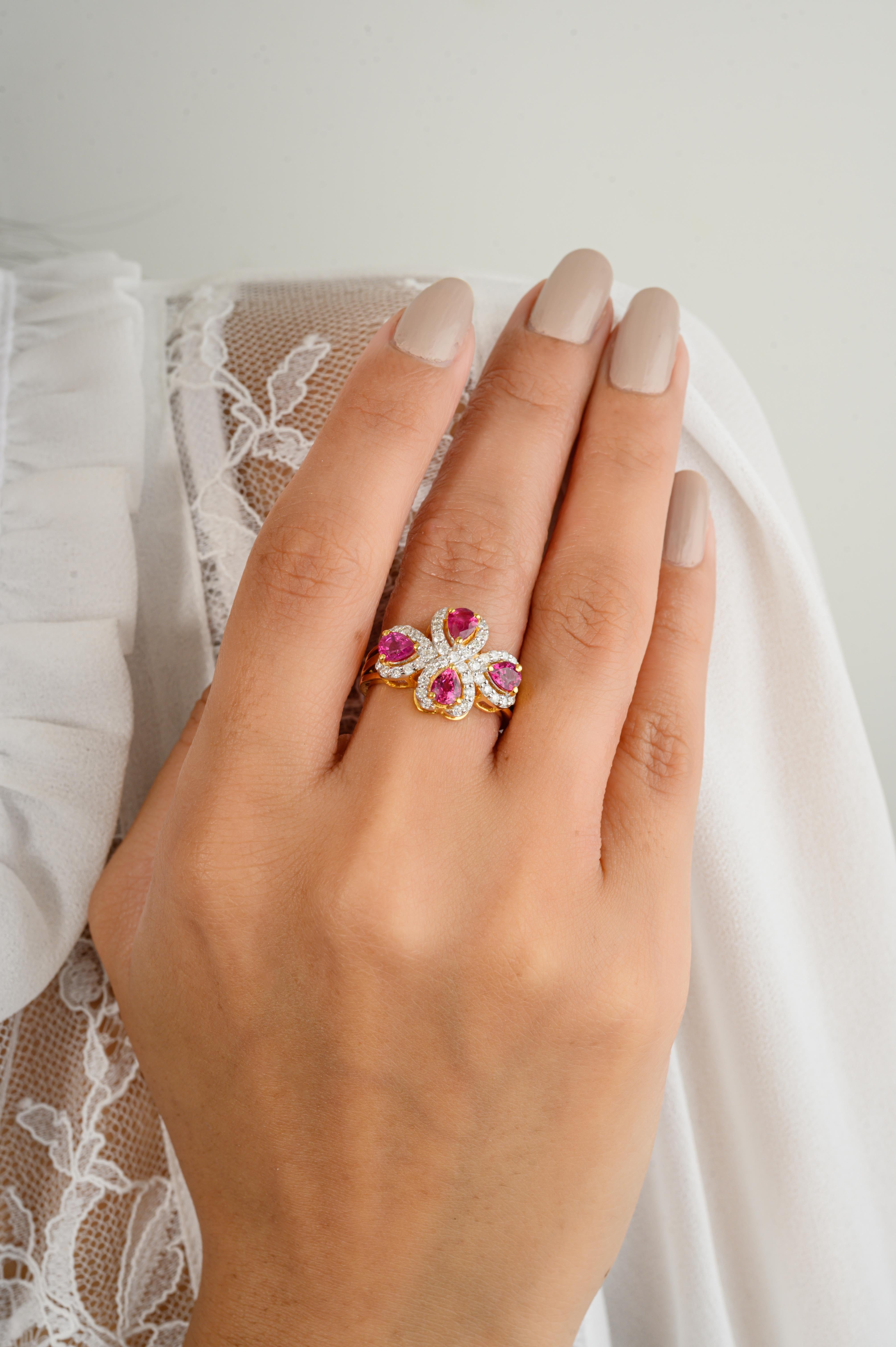 For Sale:  Statement Fine Ruby Diamond Floral Cocktail Ring Made in 18k Solid Yellow Gold 6