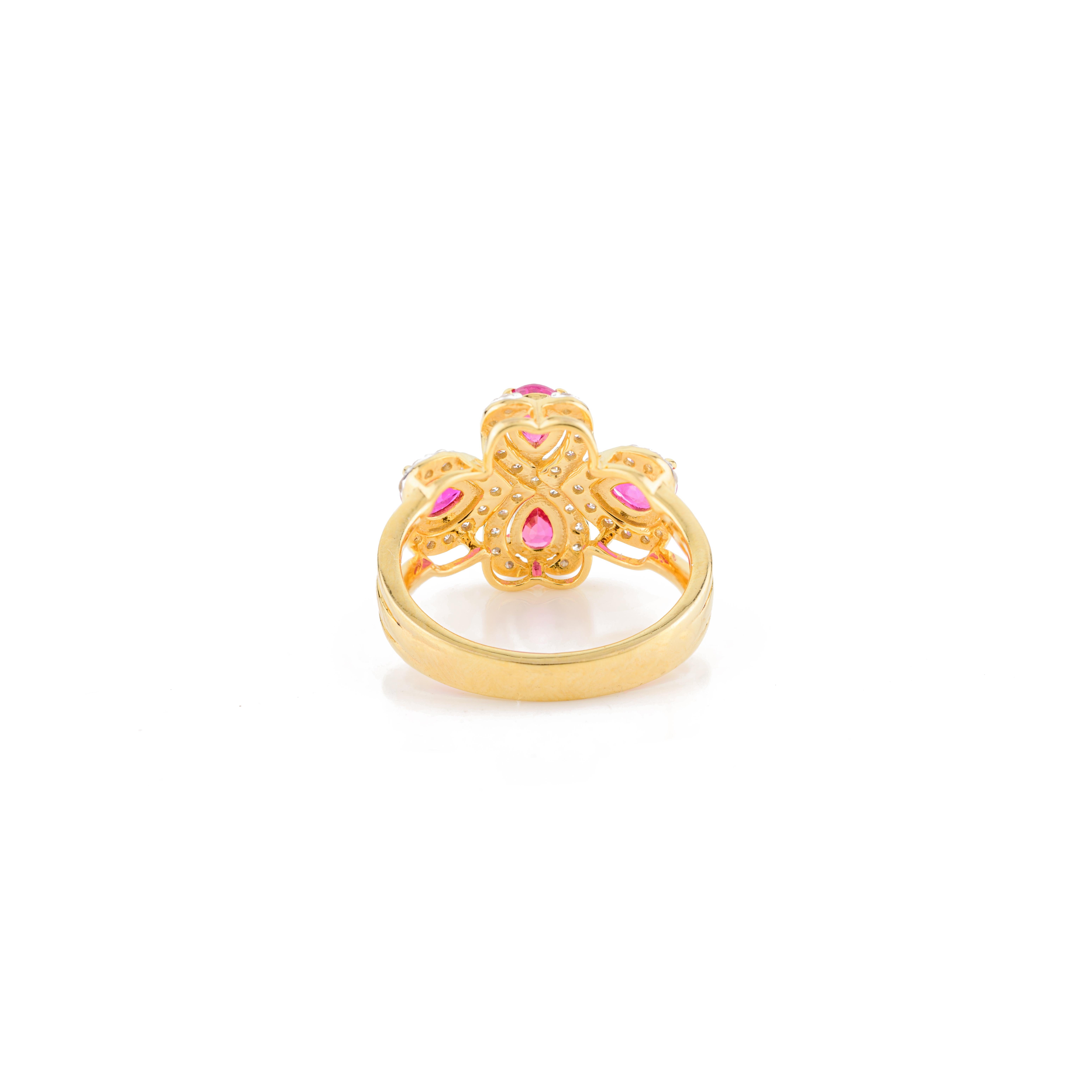 For Sale:  Statement Fine Ruby Diamond Floral Cocktail Ring Made in 18k Solid Yellow Gold 7