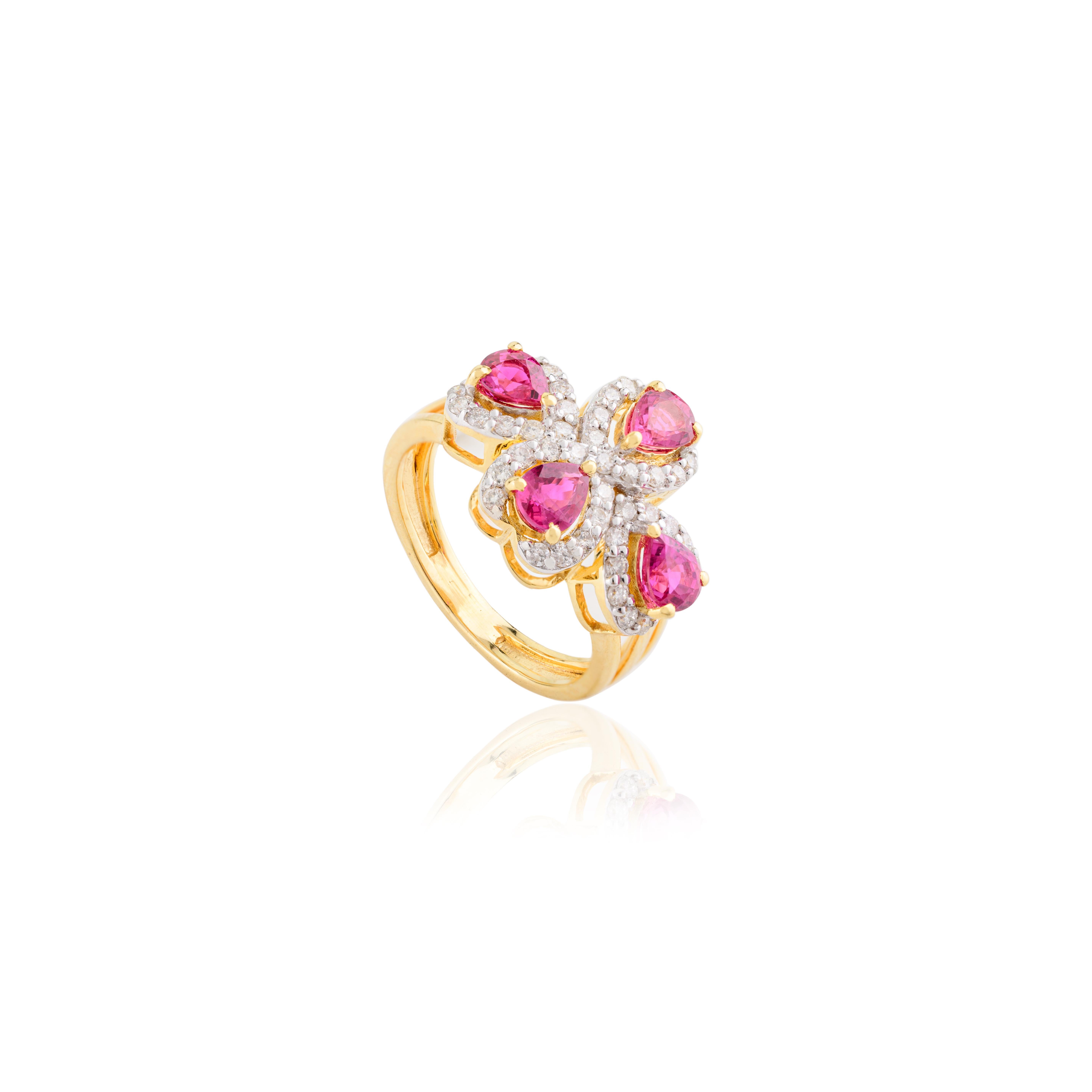 For Sale:  Statement Fine Ruby Diamond Floral Cocktail Ring Made in 18k Solid Yellow Gold 9