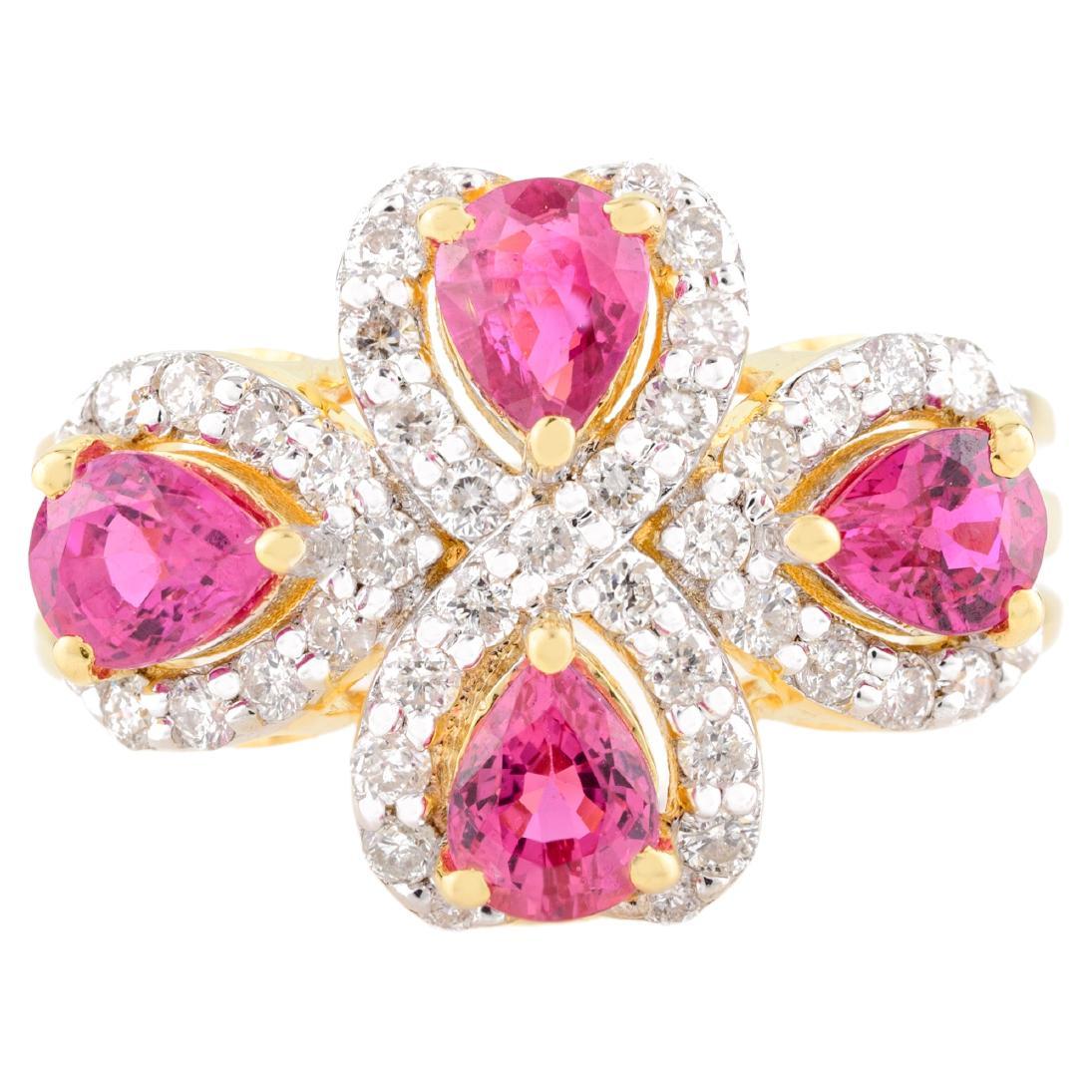 Statement Fine Ruby Diamond Floral Cocktail Ring Made in 18k Solid Yellow Gold