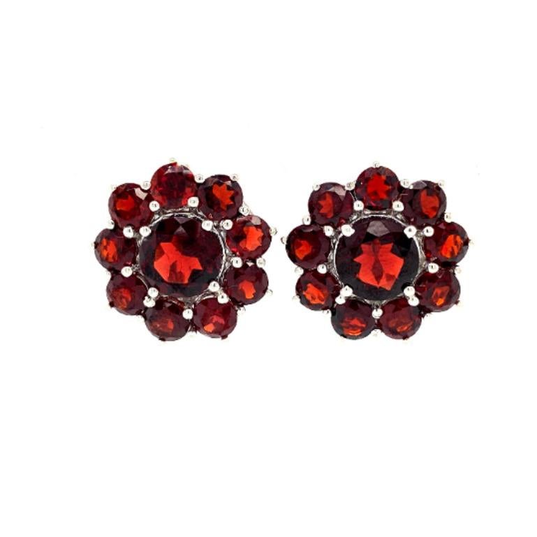 Round Cut Big Garnet Carnation Flower Stud Earrings Crafted in 925 Sterling Silver For Sale