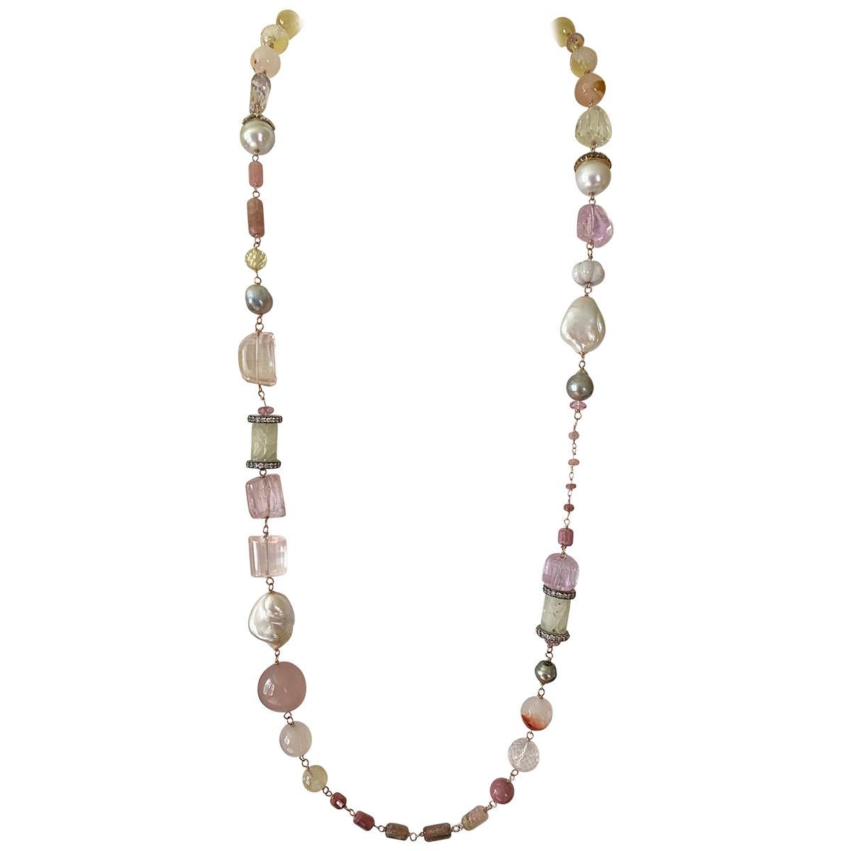Statement Gem Necklace with South Sea and Tahitian Pearls in 18 Karat Rose Gold
