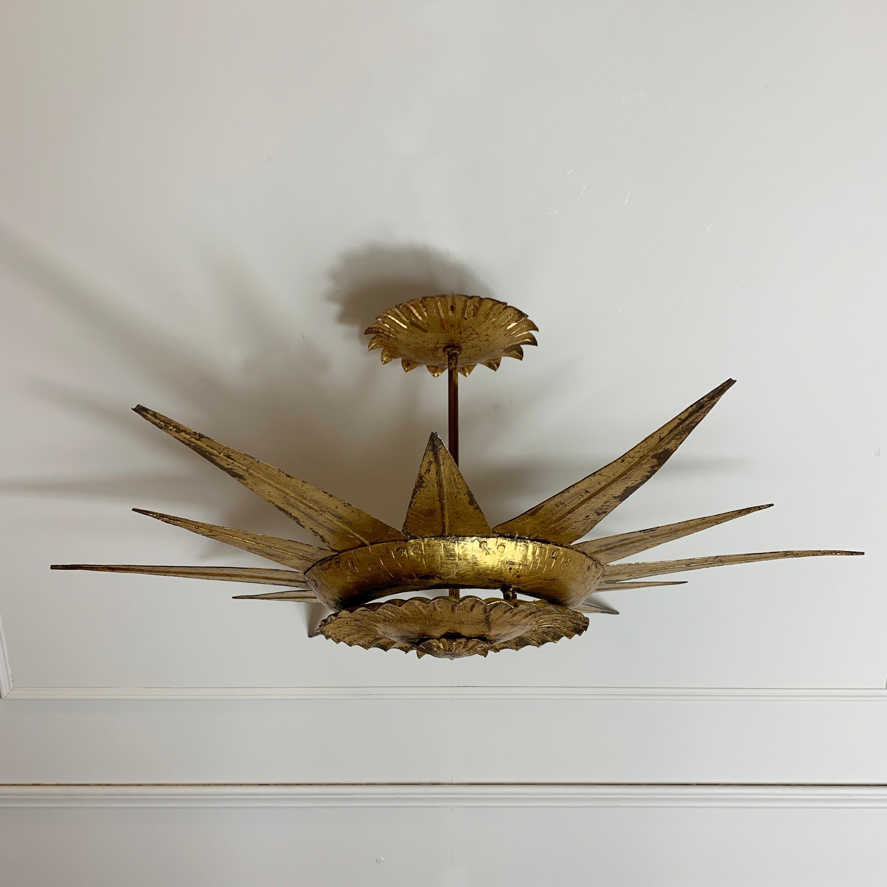 Mid-Century Modern Statement Gilt Metal Spanish Sunburst Light, 1950s