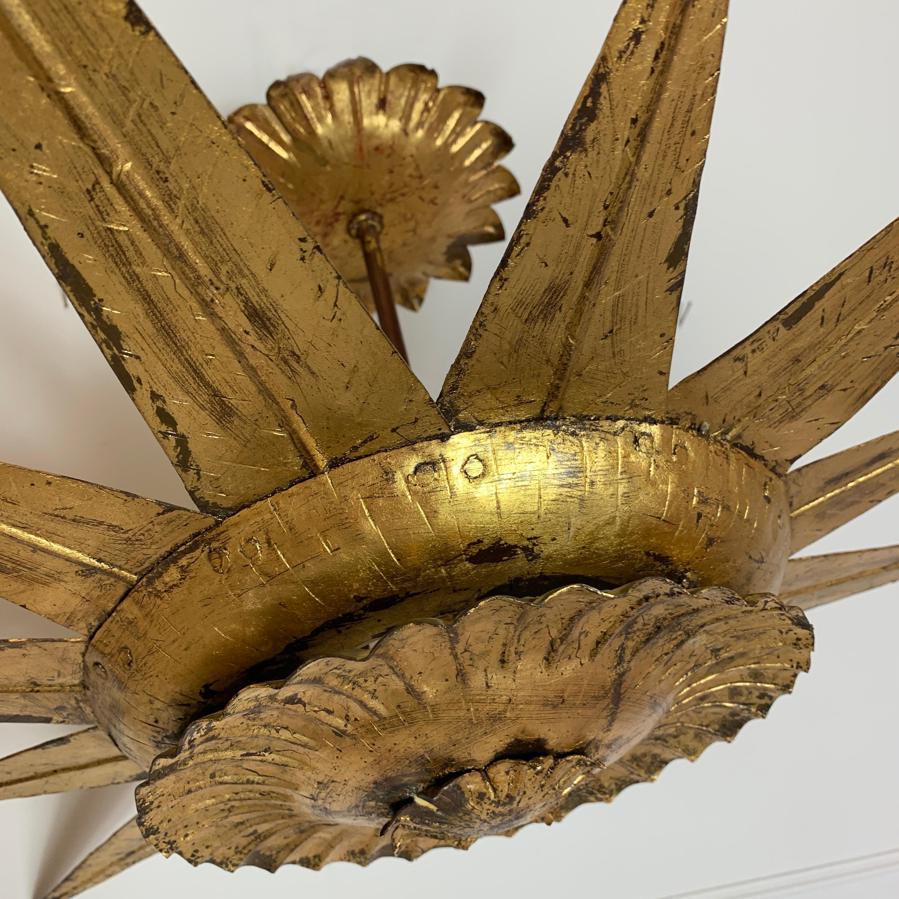 Statement Gilt Metal Spanish Sunburst Light, 1950s In Good Condition In Hastings, GB