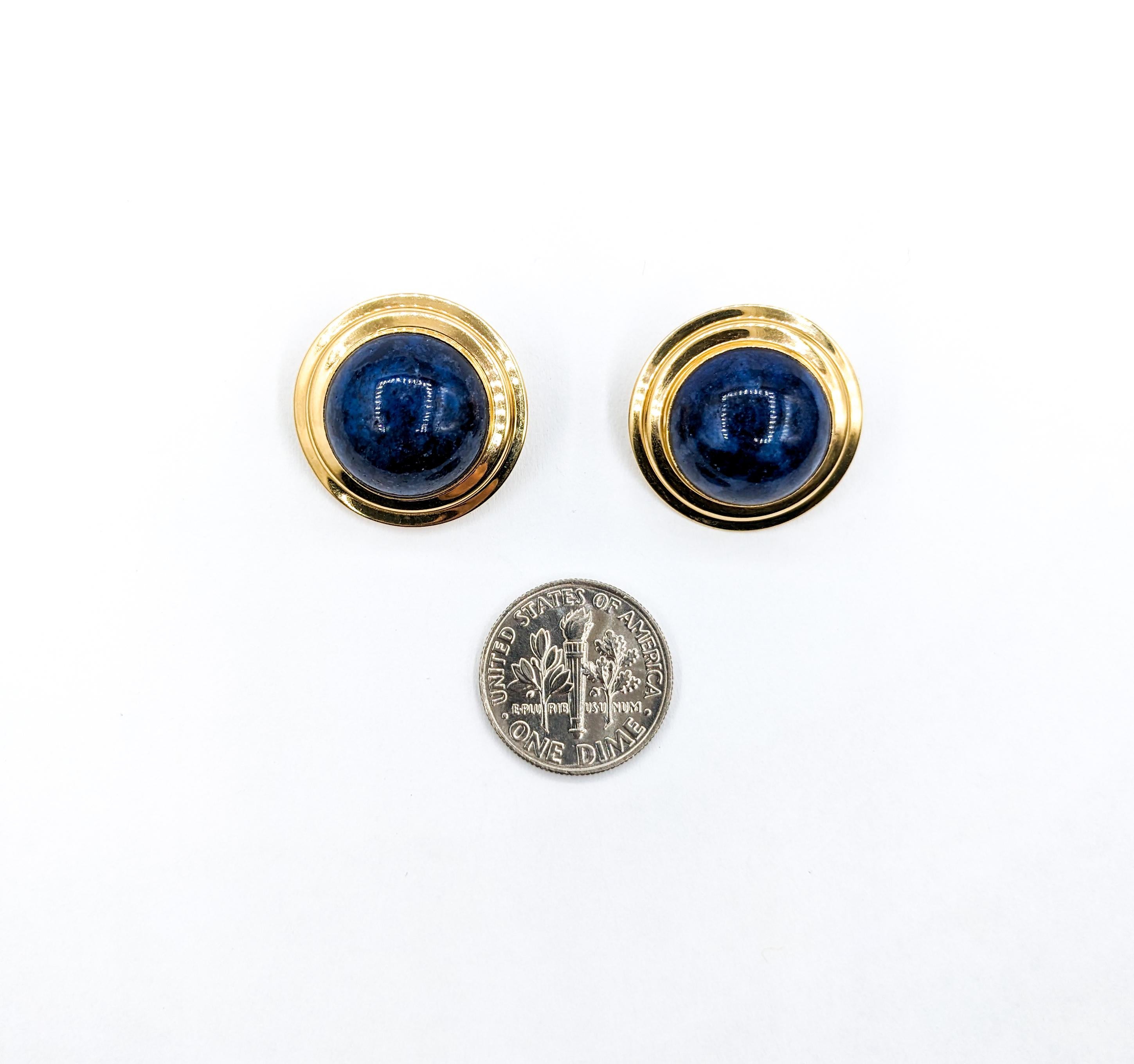 Modern Statement Gold & Cabochon Lapis Clip On Earrings For Sale