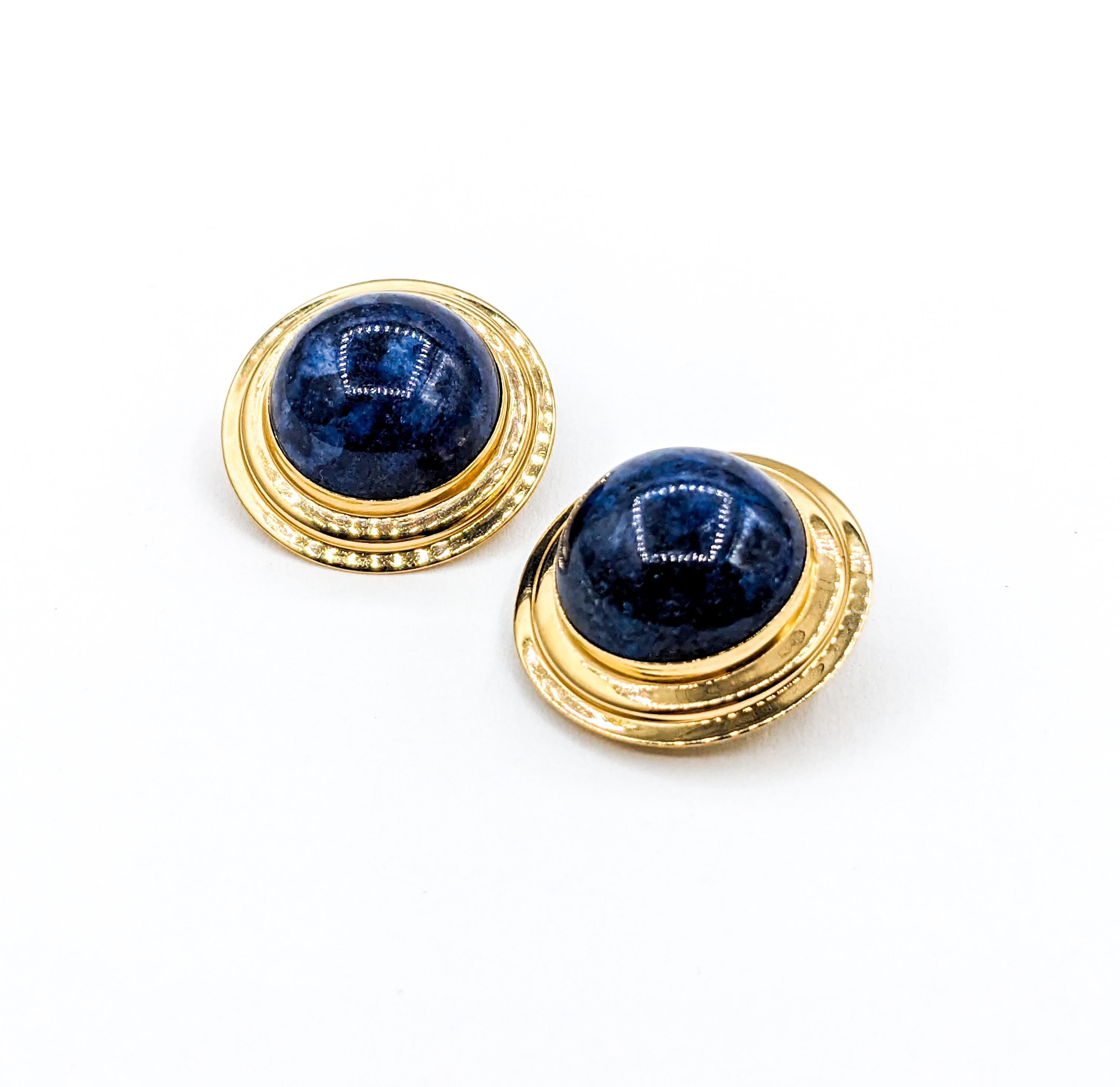 Statement Gold & Cabochon Lapis Clip On Earrings For Sale 1