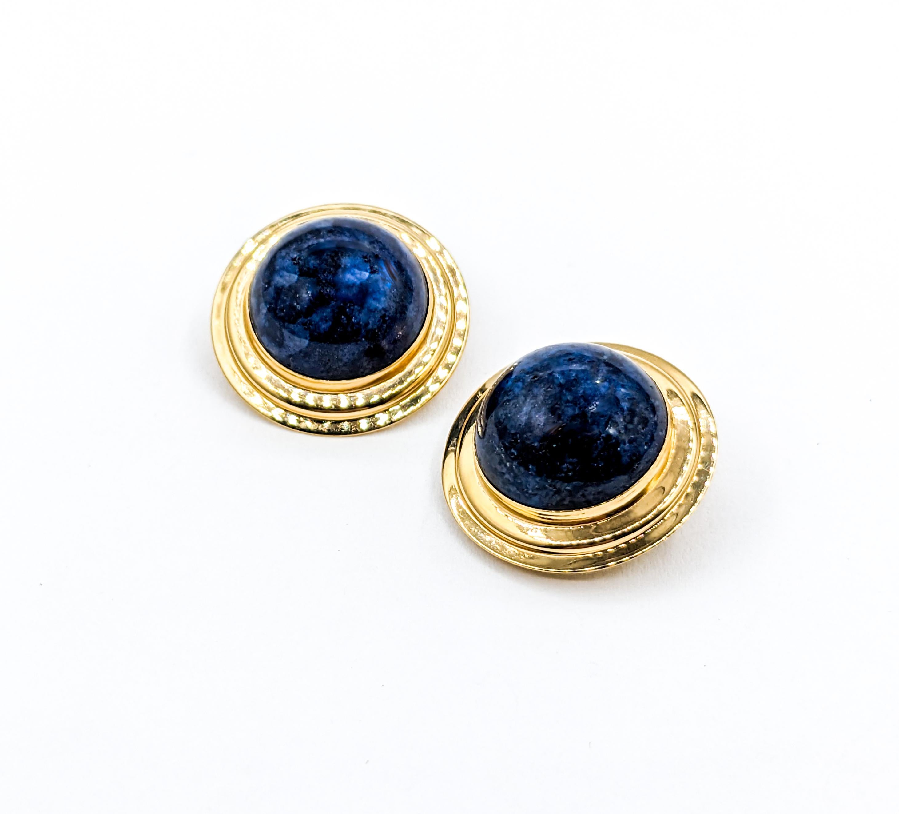 Statement Gold & Cabochon Lapis Clip On Earrings For Sale 2