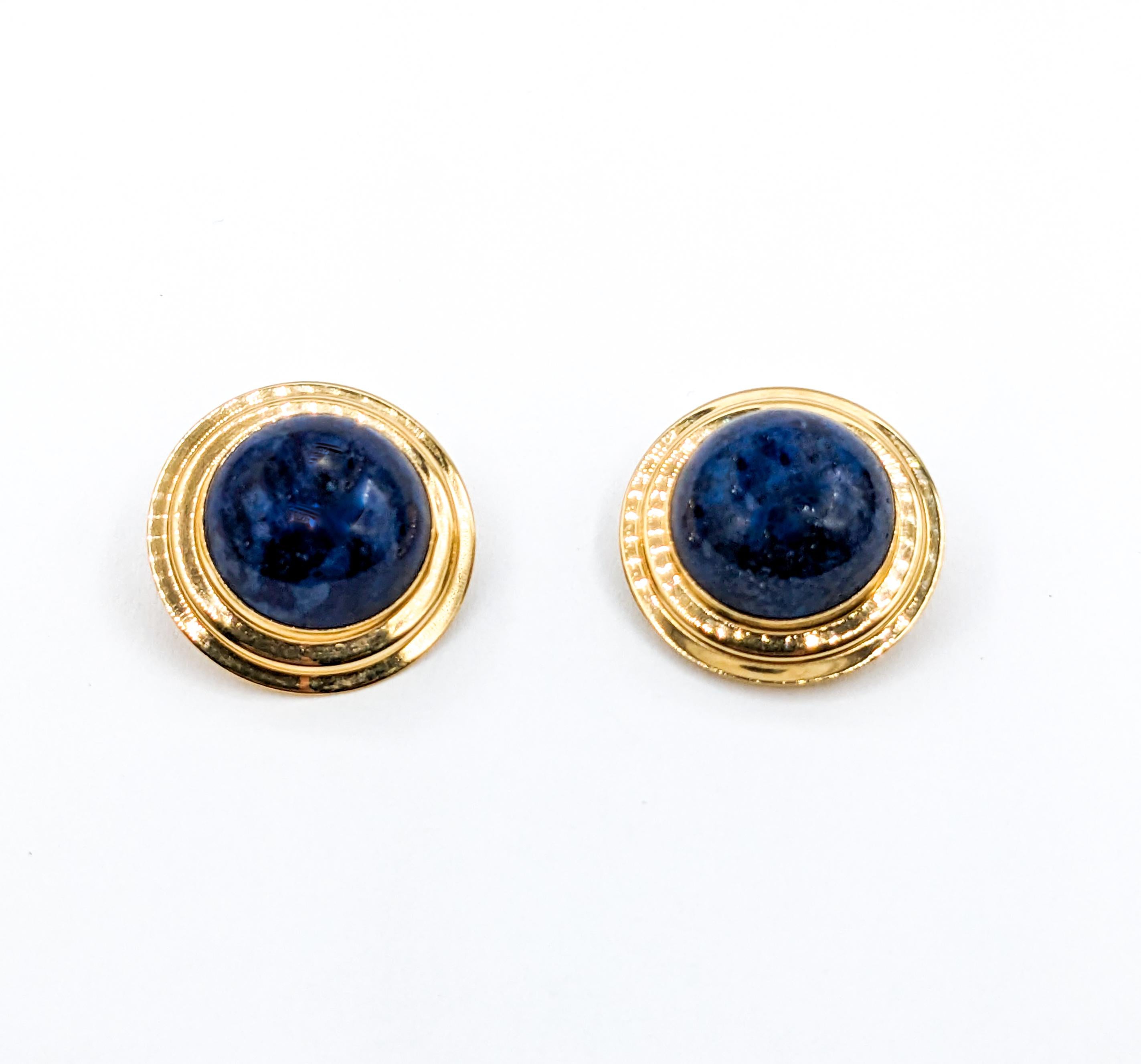 Statement Gold & Cabochon Lapis Clip On Earrings For Sale 3
