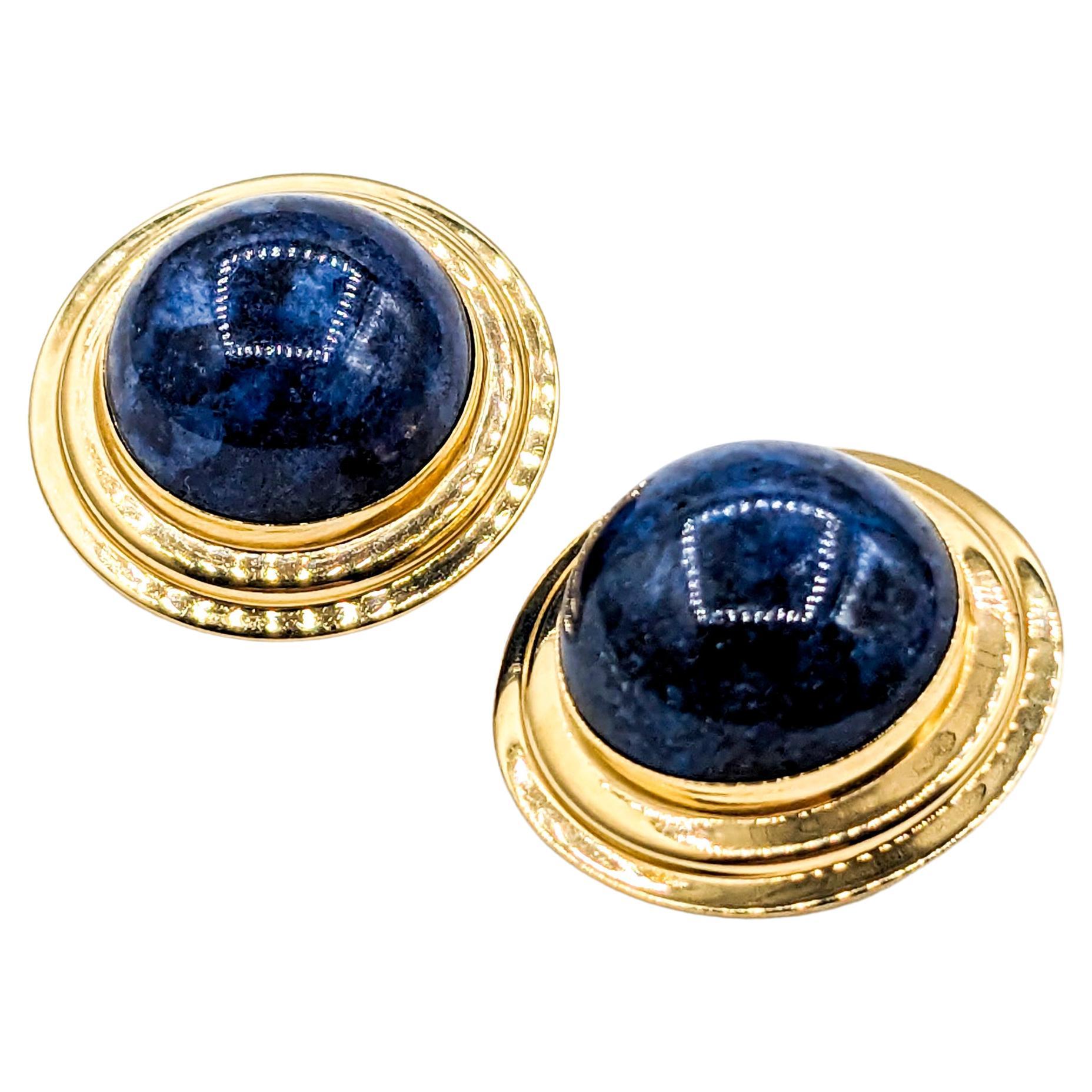 Statement Gold & Cabochon Lapis Clip On Earrings For Sale