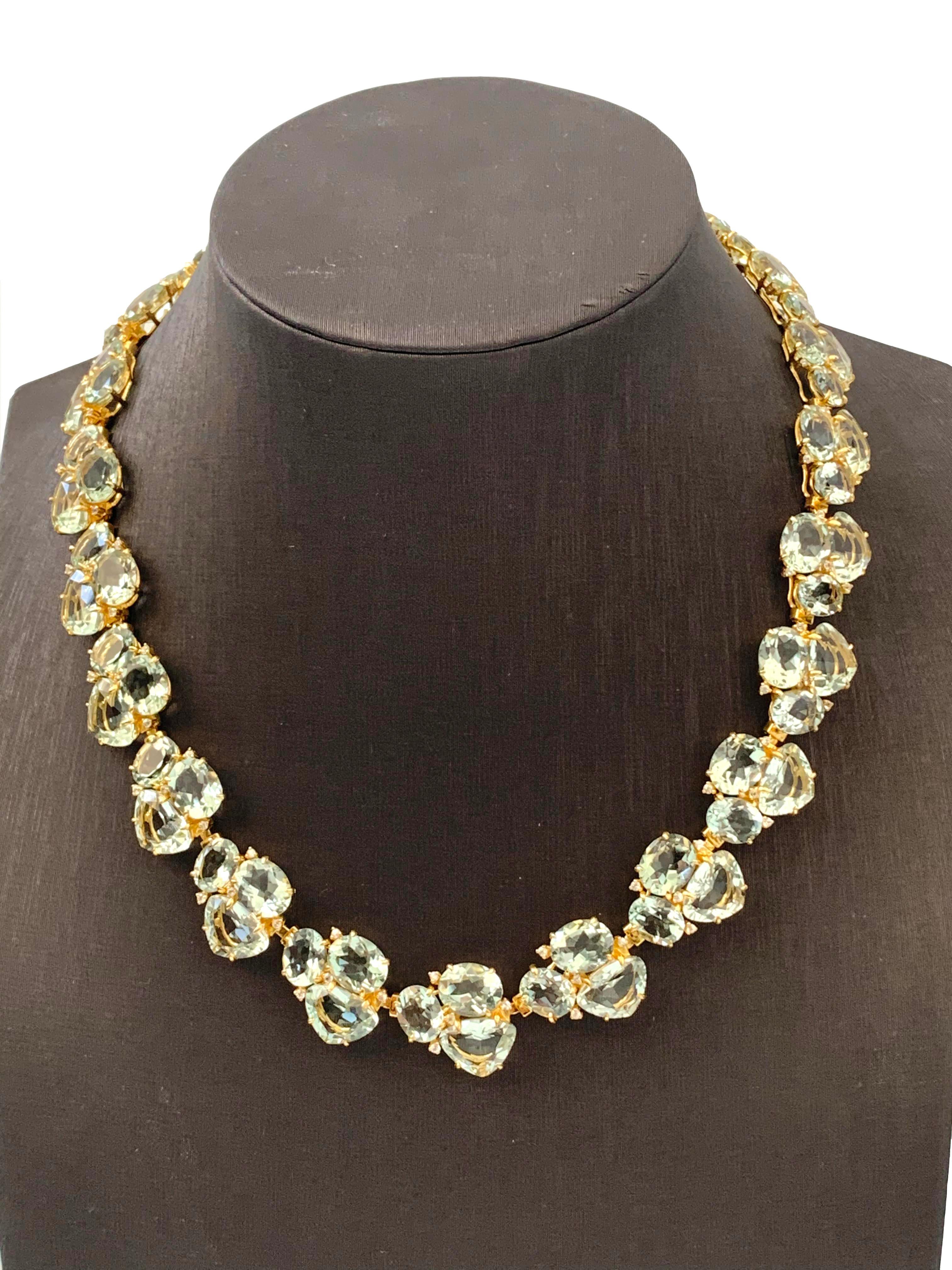 Mixed Cut Statement Prasiolite & White Sapphire Link Necklace For Sale