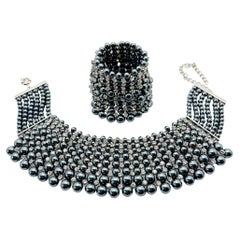 Statement Grey Pearl & Rhinestone Choker & Cuff 2000s