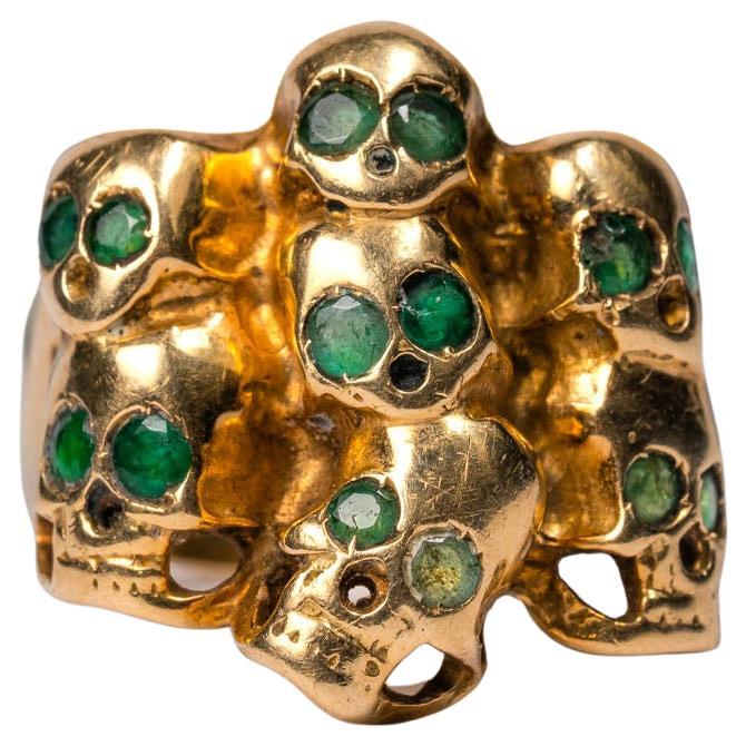 Statement Heavy 14k Gold Emerald Skull Ring, Memento Mori Gold Skull Ring